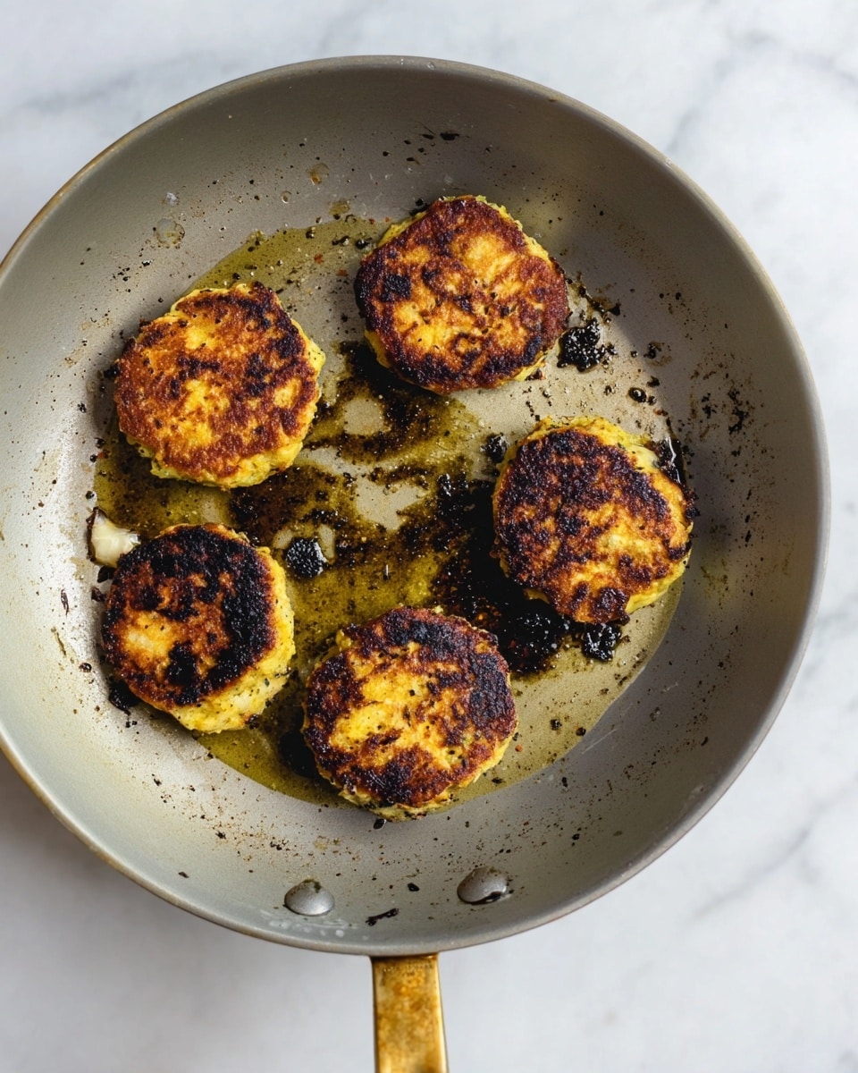 A gray metal frying pan with a golden handle holds five round patties that are cooked on one side to a dark golden brown with some charred spots, showing a textured, slightly rough surface. Each patty is thick and unevenly shaped, with a light yellow interior peeking around the edges. The pan has some scattered dark burned bits and glistening oil around the patties. The background is a white marbled texture. photo taken with an iphone --ar 4:5 --v 7