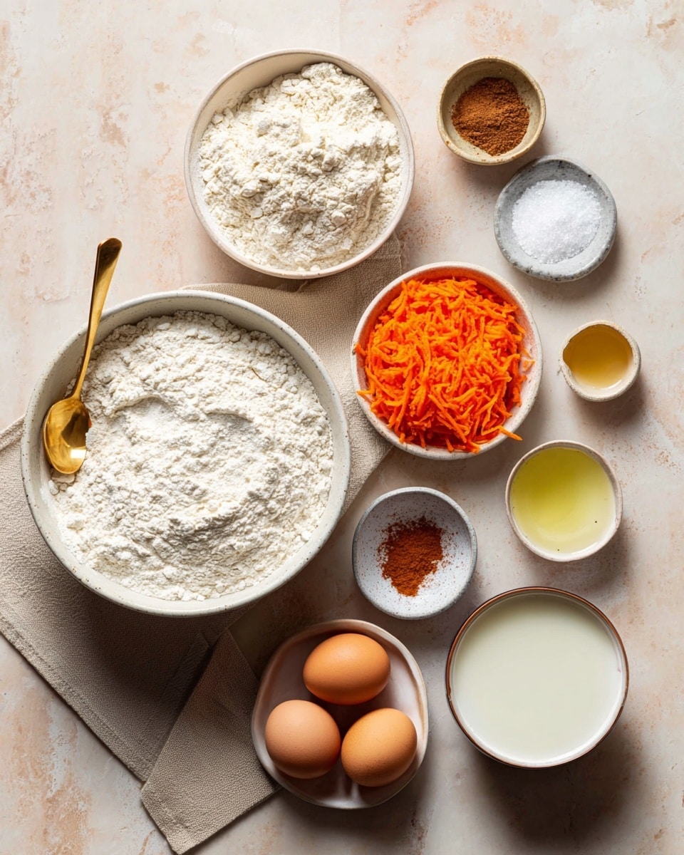 A collection of ingredients arranged neatly on a white marbled surface, including one large white bowl filled with white flour and a gold spoon inside, a white bowl with bright orange shredded carrots, a smaller white bowl containing mixed brown spices, two whole brown eggs, a medium white bowl with a creamy white liquid, and small bowls holding white powder, granulated salt, light yellow oil, and a small amount of clear vanilla extract. There is also a beige cloth napkin placed under some of the bowls. The colors are soft and natural, and the texture of each ingredient is clear and distinct. photo taken with an iphone --ar 4:5 --v 7