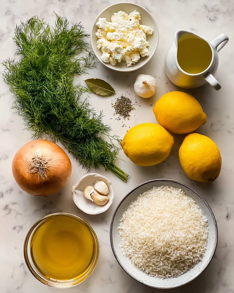 The image shows a white marbled surface with various ingredients arranged in an organized way. At the bottom right, there is a white bowl filled with uncooked white rice, showing the small, smooth grains. Above it, to the right, is a small white pitcher holding light yellow liquid, likely oil. Next to the pitcher, a white bowl contains soft, crumbly white cheese. In the center, two bright yellow lemons are side by side. To the left of the lemons is a bunch of fresh green dill with delicate, feathery leaves, and above it, fresh flat parsley with broad leaves. At the bottom left sits a single yellow onion with a papery outer skin. Above the onion, a small white bowl holds dried herbs, two garlic cloves, and a bay leaf. Near the bottom left, a glass bowl is filled with a golden-colored liquid. All items sit neatly on the clean white marbled surface. photo taken with an iphone --ar 4:5 --v 7