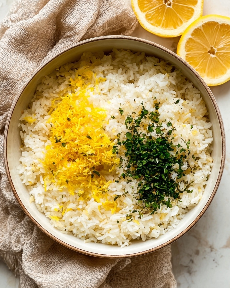 The image shows a white bowl filled with cooked white rice as the base layer. On top of the rice, there are two main toppings: bright yellow lemon zest clustered on the left side and finely chopped green herbs scattered on the right side. The bowl is placed on a white marbled surface, with a beige cloth partially visible beneath it and lemon wedges positioned in the upper right corner. The overall texture of the rice is soft and fluffy, and the colors contrast well with each other and the white bowl. Photo taken with an iphone --ar 4:5 --v 7