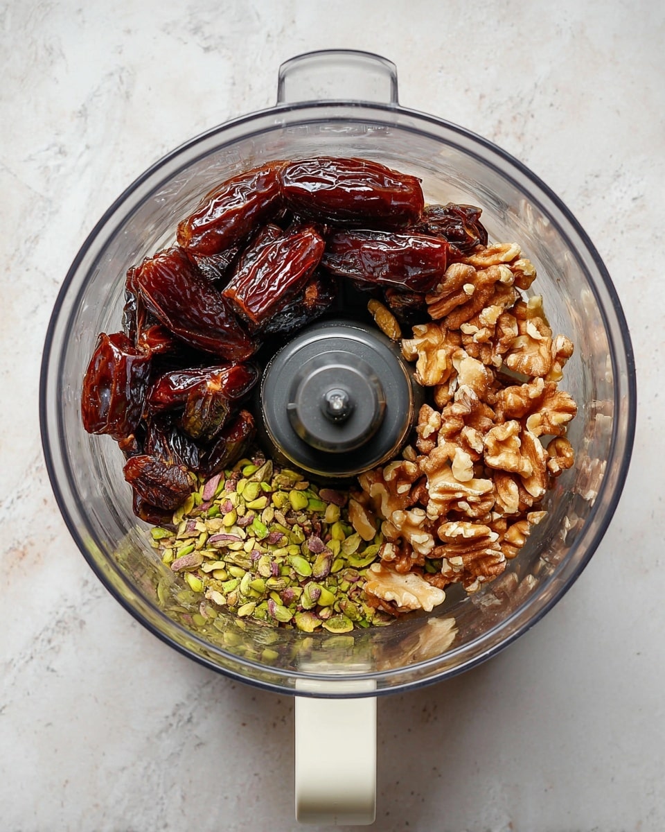A clear glass food processor bowl filled with layers of ingredients is shown from above. The top layer has dark brown, glossy dates that look soft and sticky. Below the dates, on one side, there are light green pistachios with a rough texture. Next to the pistachios, there are shiny, reddish-brown pecans. Below the pecans, there are light brown walnuts with a rough, uneven texture. The food processor has a white handle, and the background is a white marbled texture. photo taken with an iphone --ar 4:5 --v 7