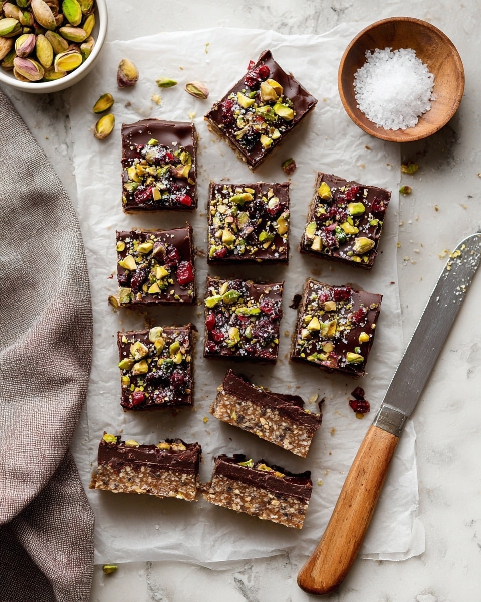 The image shows eight square bars placed on a piece of white parchment paper over a white marbled surface. Each bar has three visible layers: a bottom nutty brown base with a rough texture, a smooth and shiny dark chocolate middle layer, and a top layer decorated with chopped green pistachios, red dried cranberries, and small pieces of light brown nuts, sprinkled lightly with coarse sea salt. To the right of the bars, a small wooden bowl filled with coarse sea salt sits next to a knife with a wooden handle resting on the parchment paper. On the left, a small white bowl contains whole green pistachios next to a folded gray cloth. Scattered nut pieces are visible around the bars. photo taken with an iphone --ar 4:5 --v 7