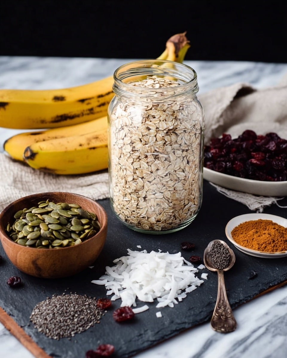 The image shows a clear glass jar filled with light beige rolled oats placed on the left on a white marbled surface. In front of the jar is a small wooden bowl filled with green pumpkin seeds. To the right of the bowl, there is a small pile of white shredded coconut and next to it dark red dried cranberries scattered on a black slate board. Behind these ingredients are three yellow bananas with slight brown spots, resting on a white cloth. On the right side of the slate board, there is a small white plate holding a dark brown bowl with tiny black chia seeds, and a small pile of orange-brown cinnamon powder with a vintage spoon next to it. The background is black. Photo taken with an iphone --ar 4:5 --v 7