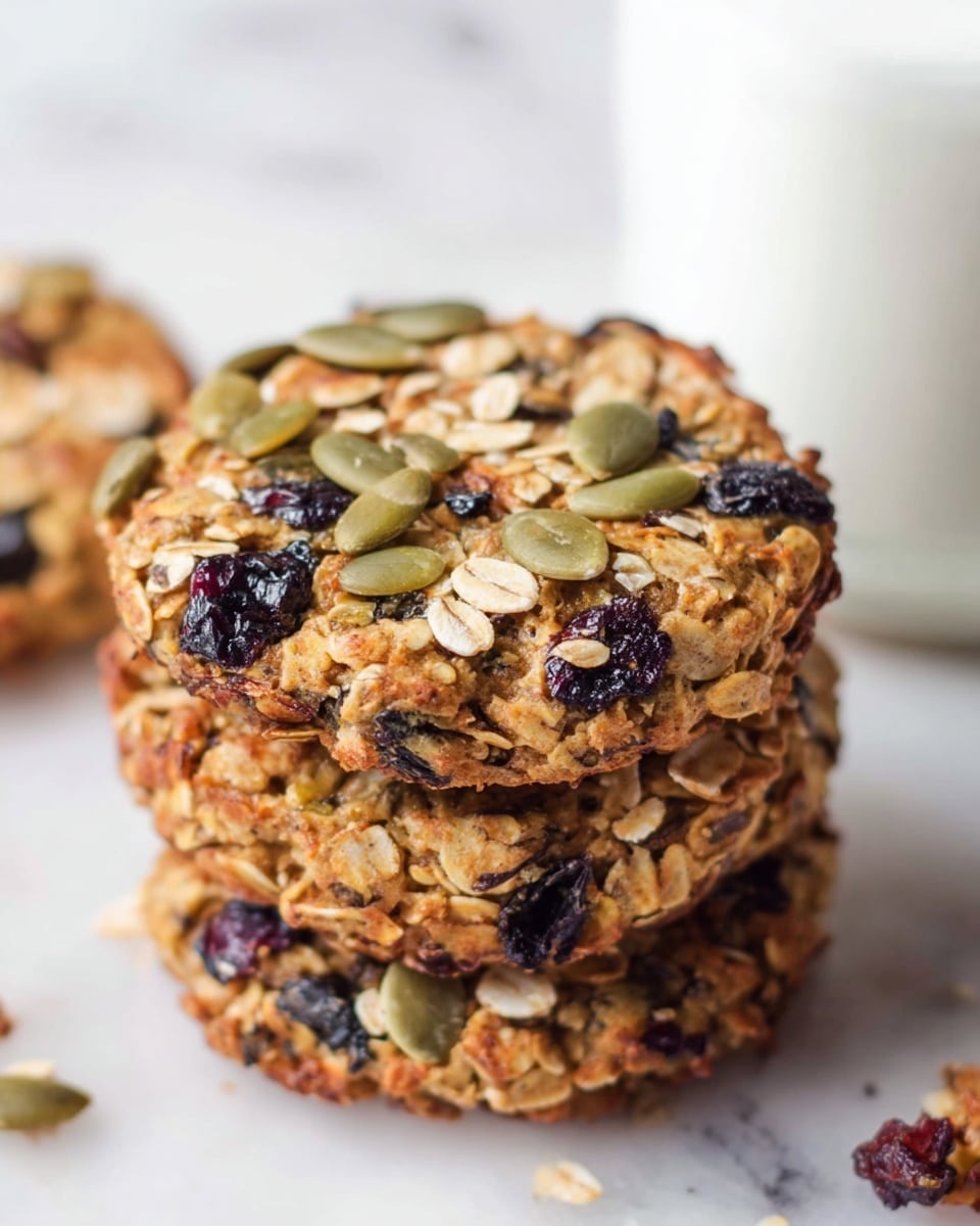 The image shows a stack of three round oatmeal cookies on a white marbled surface. Each cookie has a rough texture, filled with visible oats, pumpkin seeds, and dark dried berries scattered throughout. The top cookie has a mix of light brown oatmeal, greenish pumpkin seeds, and deep purple or black berries, with a slightly crisp, golden-brown edge. The cookies are thick and look hearty, with a close-up focus on the top part of the stack. Behind the stack is a blurred white container, adding a soft background contrast. photo taken with an iphone --ar 4:5 --v 7