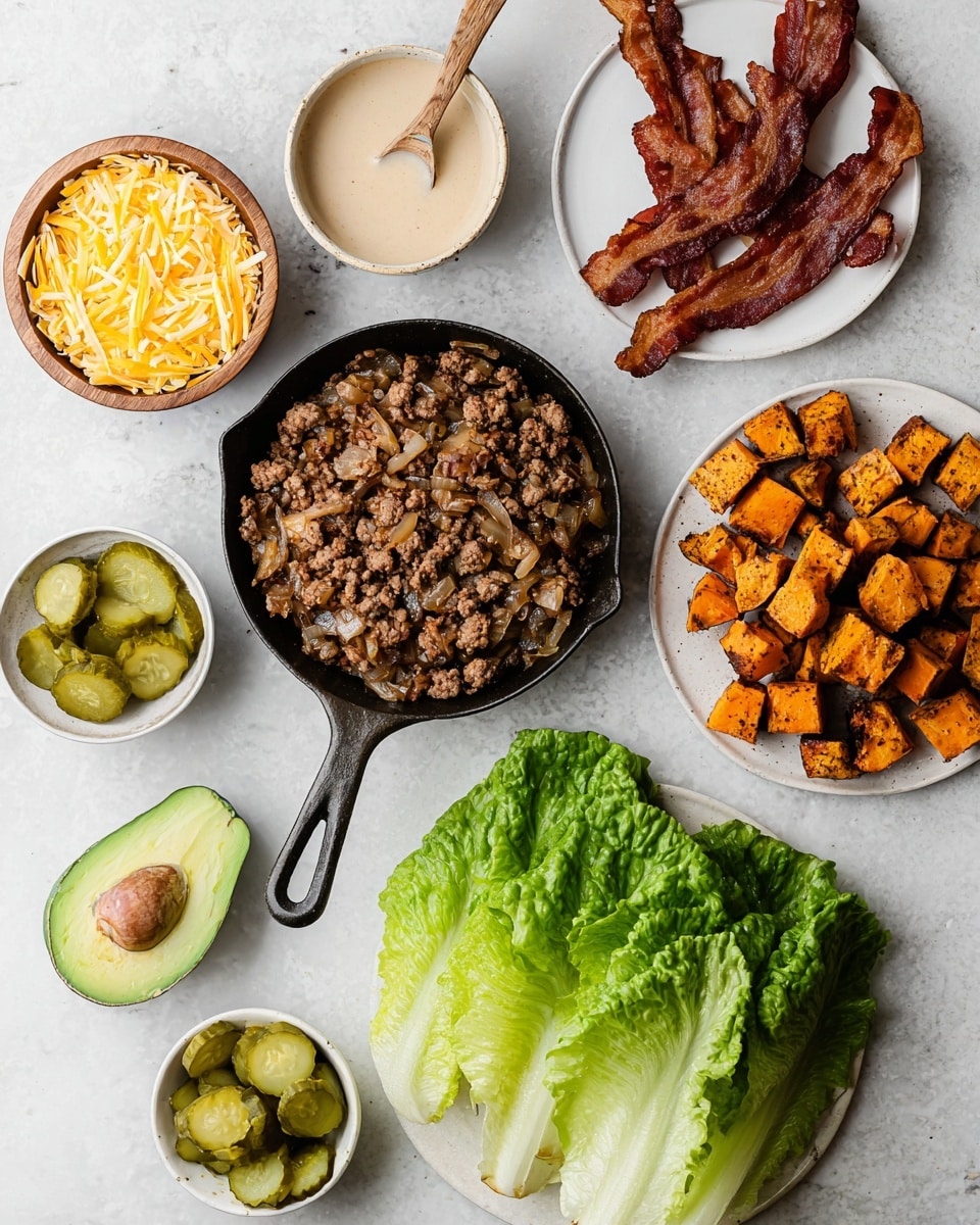 The image shows a white marbled surface holding several food items arranged neatly. In the center is a black cast iron skillet filled with cooked ground beef mixed with caramelized onions, both brown and textured. To the upper right, a white plate holds crispy bacon strips in deep reddish-brown color next to cubed sweet potatoes with a roasted orange and lightly charred texture. Below that plate is another white plate with bright green fresh lettuce leaves, large and slightly wrinkled. At the bottom left side are two halves of a fresh avocado, one showing the brown pit and the other hollow smooth green flesh. Above the avocado is a small white dish with several green pickle slices, ridged and shiny. To the left top area, a small wooden bowl is filled with shredded yellow cheddar cheese sitting next to a small bowl of yellow corn kernels. At the top left corner is a white bowl with a creamy beige sauce and a wooden-handled spatula resting inside. Photo taken with an iphone --ar 4:5 --v 7
