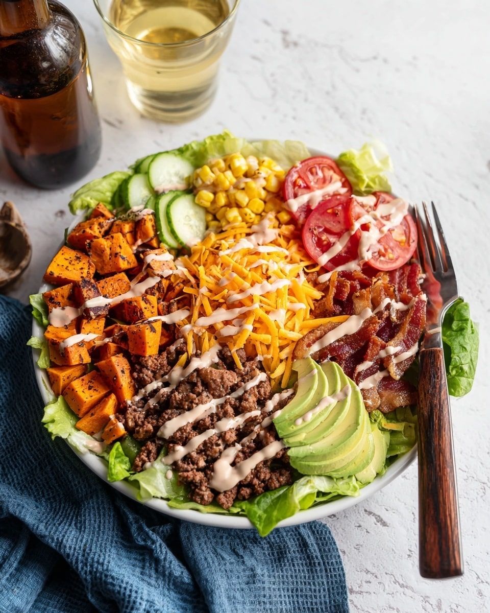 A white bowl filled with a salad arranged in layers on a bed of green lettuce leaves. From left to right, there are bright orange roasted sweet potato cubes with black specks, yellow corn kernels, thin pickle slices, crispy brown bacon strips, cooked brown ground beef with caramelized onions, and shredded orange cheddar cheese. On top of the beef and sweet potatoes are sliced light green avocado pieces. Cherry tomato halves are placed on the lettuce near the edges, and a light pink creamy dressing is drizzled over the entire dish. A fork with a wooden handle rests on the bowl's right edge. The bowl sits on a white marbled surface next to a dark amber bottle, a glass of light yellow liquid, and a blue cloth. photo taken with an iphone --ar 4:5 --v 7