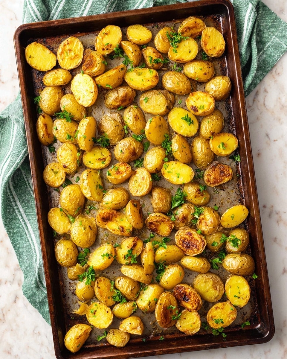 A baking tray filled with golden roasted small potato halves spread out evenly, each piece showing a slightly crispy, browned surface and soft yellow insides, scattered lightly with fresh green parsley leaves for color contrast, all set on a white marbled textured surface and partially framed by a green and white striped towel. photo taken with an iphone --ar 4:5 --v 7