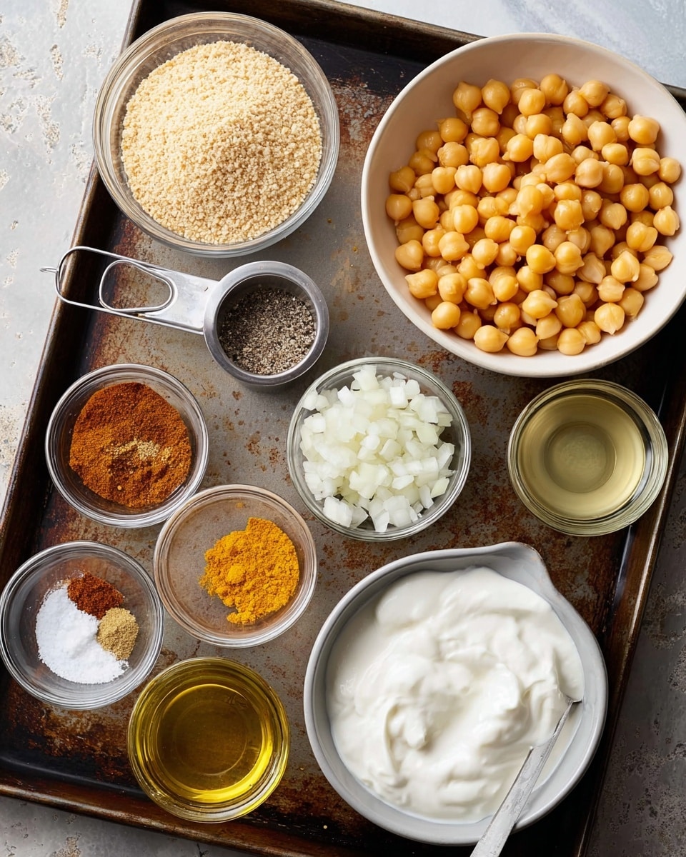 A white bowl filled with round, yellow chickpeas sits on a white marbled surface next to a metal measuring cup holding beige breadcrumbs. Nearby are four small clear glass bowls arranged in a square, one with chopped white onions, another with a mix of brown and orange spices, and two containing pale yellow powders. Two small white bowls hold a golden liquid and a mix of salt and black pepper. A larger white bowl contains thick white yogurt, and a small metal measuring cup with more light yellow liquid is also present, all placed closely together on a rustic dark metal baking sheet. photo taken with an iphone --ar 4:5 --v 7
