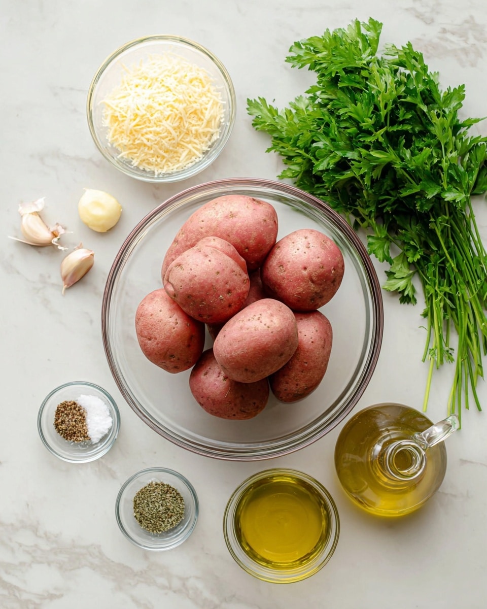 The image shows a clear glass bowl filled with several smooth, red-skinned potatoes in the center, surrounded by smaller clear bowls and items on a white marbled surface. To the left, there is a small glass bowl with finely grated light yellow cheese, and three slightly peeled garlic cloves are placed nearby. To the right of the potatoes, a bunch of fresh green parsley rests on the surface, next to a small glass bowl that contains mixed coarse spices including salt, dark brown seasoning, and light green dried herbs. Further right, there are two glass bottles with golden yellow oil, one with a stopper. The whole setup looks neat and fresh, with soft natural light highlighting the textures of each element in a simple and clean style. photo taken with an iphone --ar 4:5 --v 7
