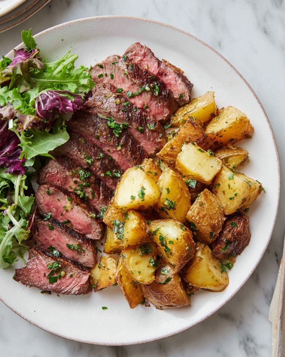 On a white plate set on a white marbled surface, there is a serving of sliced steak arranged in a fan shape on the left side, showing a juicy pink center with grill marks and green herbs sprinkled on top. To the right of the steak, there are golden roasted potato chunks with a mix of crispy brown skins and soft yellow interiors, also sprinkled with green herbs. On the upper left edge of the plate, there is a small side of fresh mixed greens with different shades of green and purple, lightly dressed. photo taken with an iphone --ar 4:5 --v 7