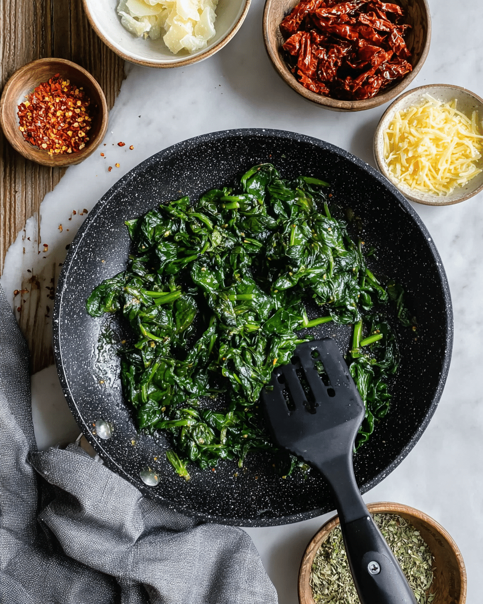 A close-up top view of a black speckled frying pan on a white marbled surface with cooked shiny dark green spinach leaves spread inside, accompanied by a black spatula resting on the right side of the pan; around the pan, there are five small white bowls containing sun-dried red tomatoes, crushed red pepper flakes, dried green herbs, shredded yellow cheese, and white crumbled cheese, with a grey cloth loosely placed near the bottom left corner of the pan photo taken with an iphone --ar 4:5 --v 7