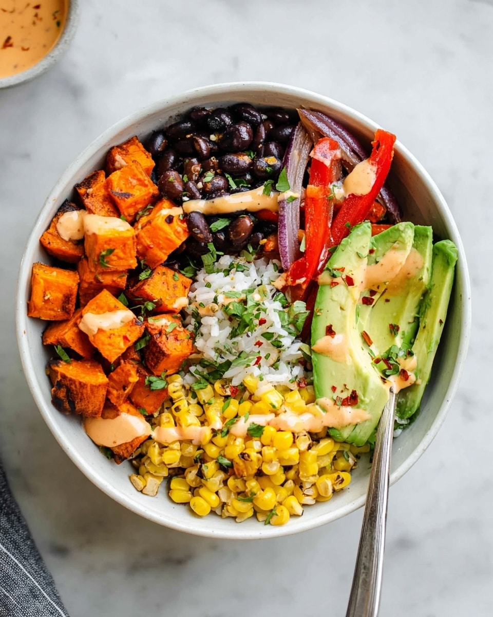 A white bowl sits on a white marbled surface filled with five distinct layers arranged side by side. Starting from the top left, there are bright orange cubes of cooked sweet potato with a slightly soft texture, next to black beans that look glossy and firm. To the right, there are strips of red bell pepper and chunks of red onion, both cooked but still vibrant. Below these, a scoop of white rice mixed with green herbs adds a fresh, grainy layer. Finally, slices of creamy green avocado sit next to grilled yellow corn kernels. The whole bowl is drizzled with a light orange creamy sauce and scattered with small green herbs and red chili flakes. A silver spoon rests inside the bowl. Photo taken with an iphone --ar 4:5 --v 7