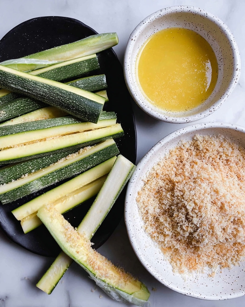 The image shows sliced zucchini sticks in raw form at the bottom left on a black surface, next to a white oval bowl filled with yellow egg wash with two zucchini sticks dipped in it; to the right, there is a round white speckled bowl filled with fine light brown breadcrumbs where some zucchini sticks are being coated, showing layers of green zucchini skin, pale inner zucchini flesh, wet egg wash, and crumbly breadcrumbs. The scene is set on a white marbled texture. Photo taken with an iphone --ar 4:5 --v 7