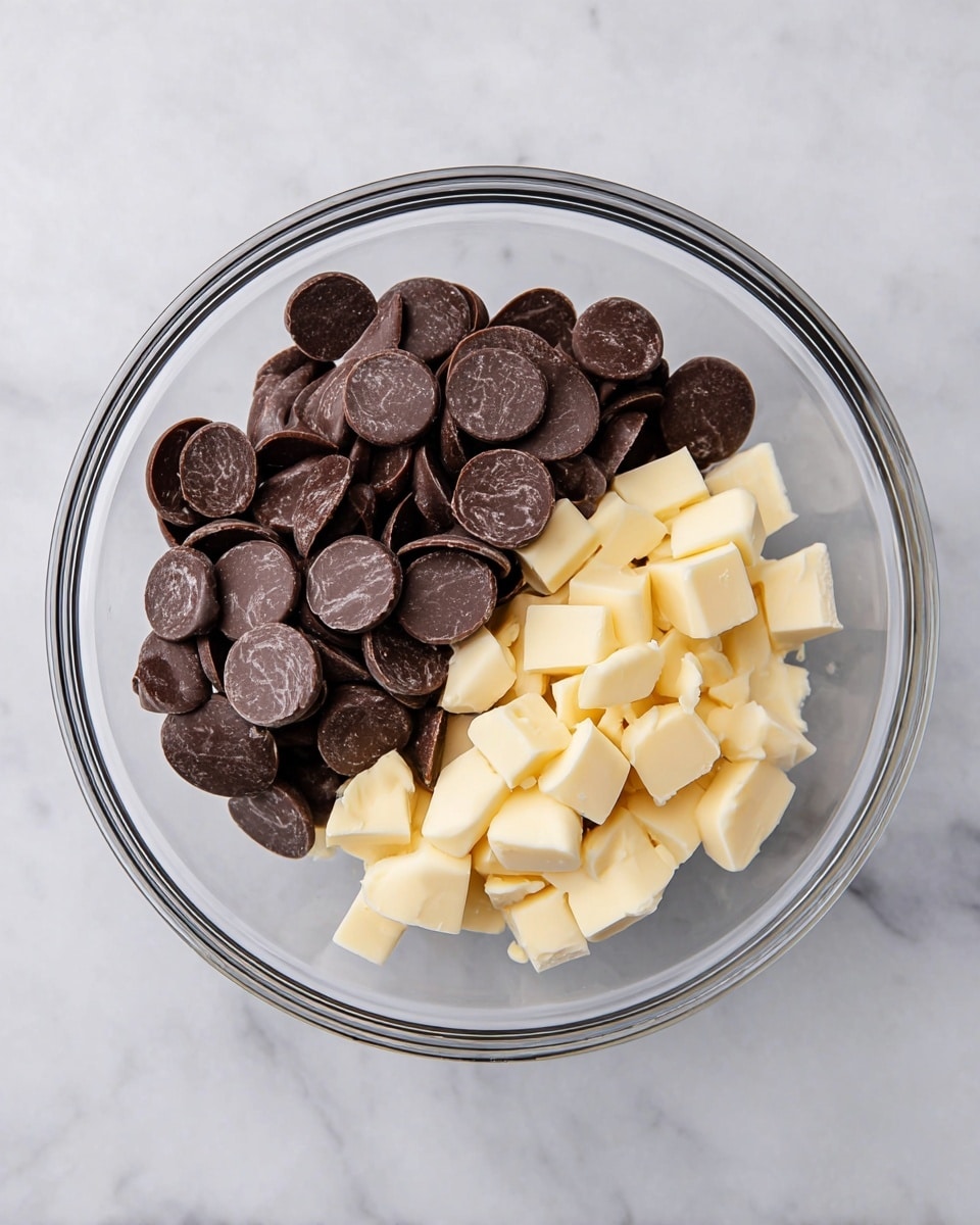A clear glass bowl sits on a white marbled surface, filled with two main ingredients side by side. On the left, there is a large pile of dark brown chocolate discs with smooth, round shapes. On the right, there are small pale yellow butter cubes, neatly placed together, showing a soft texture with clean edges. The bowl's transparency reveals the colors and textures clearly against the bright white marbled background. photo taken with an iphone --ar 4:5 --v 7