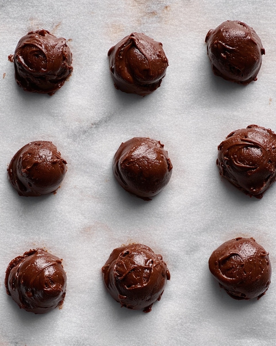 The image shows eleven rounded dollops of dark brown chocolate dough with a shiny, smooth, and slightly rough texture, placed evenly spaced on a white parchment paper. Each dough ball has a soft, thick appearance, showing small peaks and swirls on the surface from being scooped, and they rest on a flat surface with a light white marbled texture. The overall look is rich and dense, ready to be baked into cookies, photo taken with an iphone --ar 4:5 --v 7