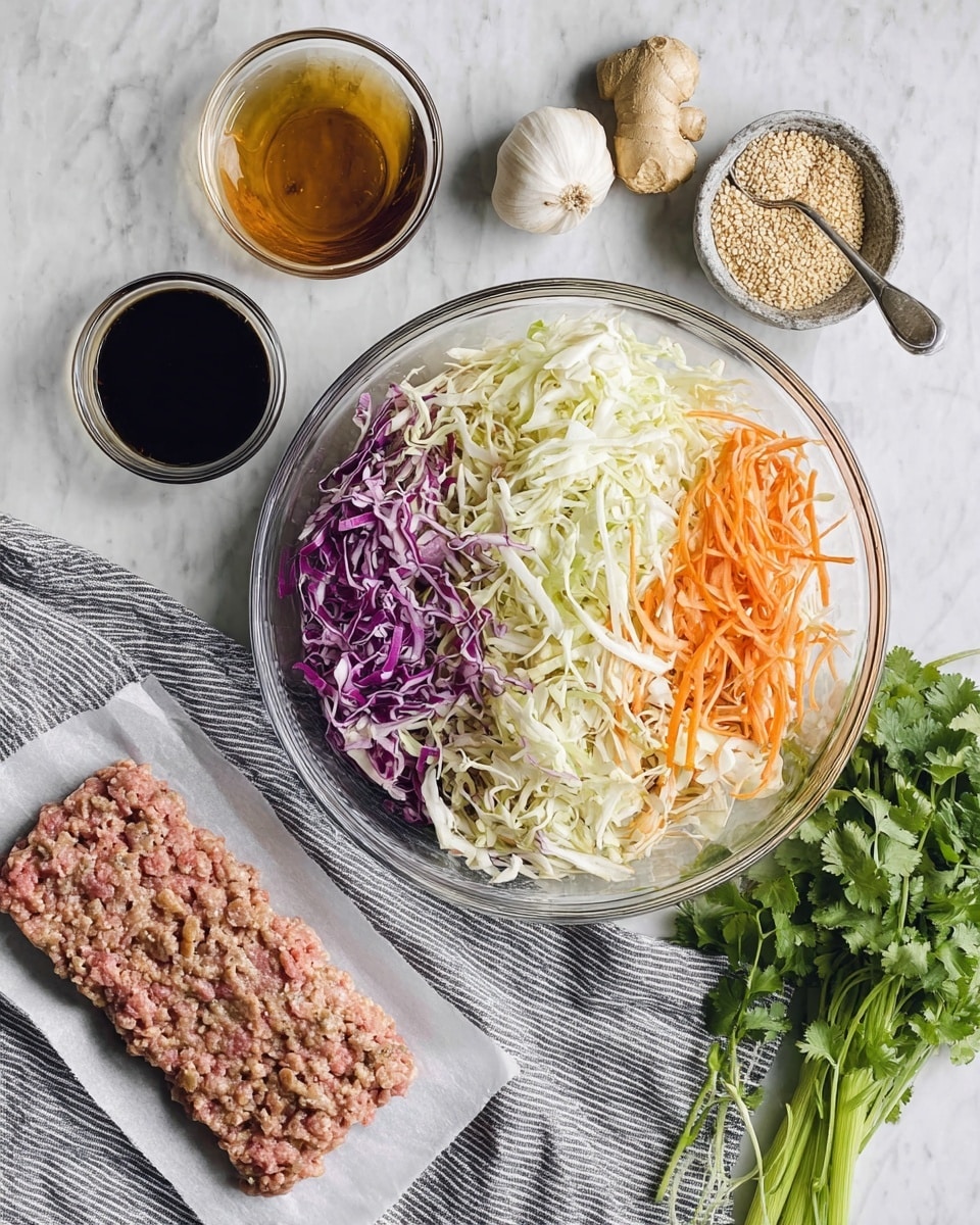 A clear glass bowl filled with three layers of shredded vegetables: white cabbage, thin orange carrot strips, and purple cabbage, all mixed together, sits on a white marbled surface next to a rectangle of ground meat placed on white parchment paper. Nearby, two small clear bowls contain dark soy sauce and light brown liquid, while further down, a whole garlic bulb, a small glass bowl of grated ginger, a small metal container of light-colored sesame seeds with a spoon, and a bunch of green onions and fresh cilantro rest on a gray-and-white striped cloth. Photo taken with an iphone --ar 4:5 --v 7