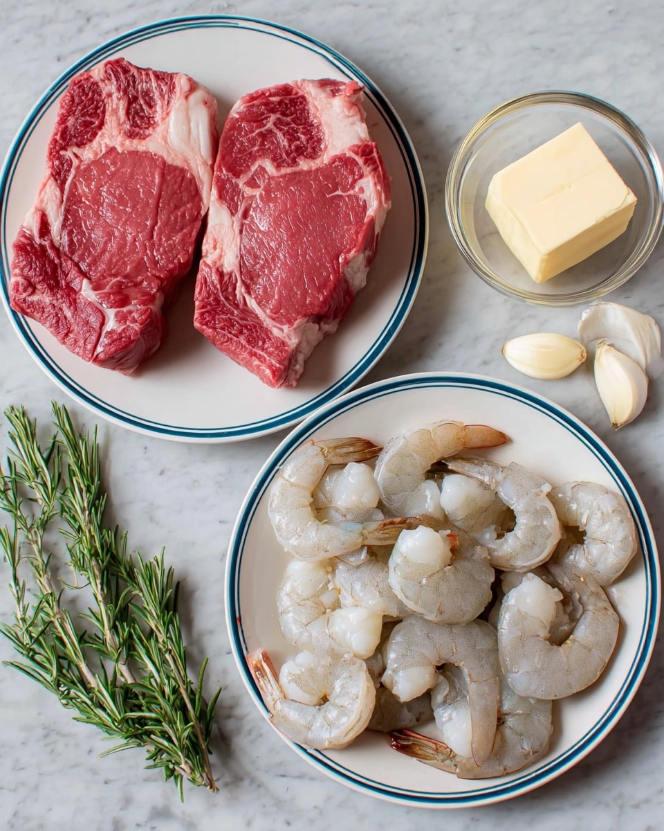 Two raw red steaks with white marbling lie side by side on a white plate with blue rings, positioned on the left. On the right, a white plate with blue rings holds several raw, peeled shrimp, each showing light gray and white tones with darker tail tips. In the center below, a small clear glass bowl contains a pale yellow block of butter. To the right of the bowl, two peeled white garlic cloves rest on the white marbled surface. To the left of the bowl, a fresh green sprig of rosemary lies flat. The whole scene is set on a white marbled surface, photo taken with an iphone --ar 4:5 --v 7