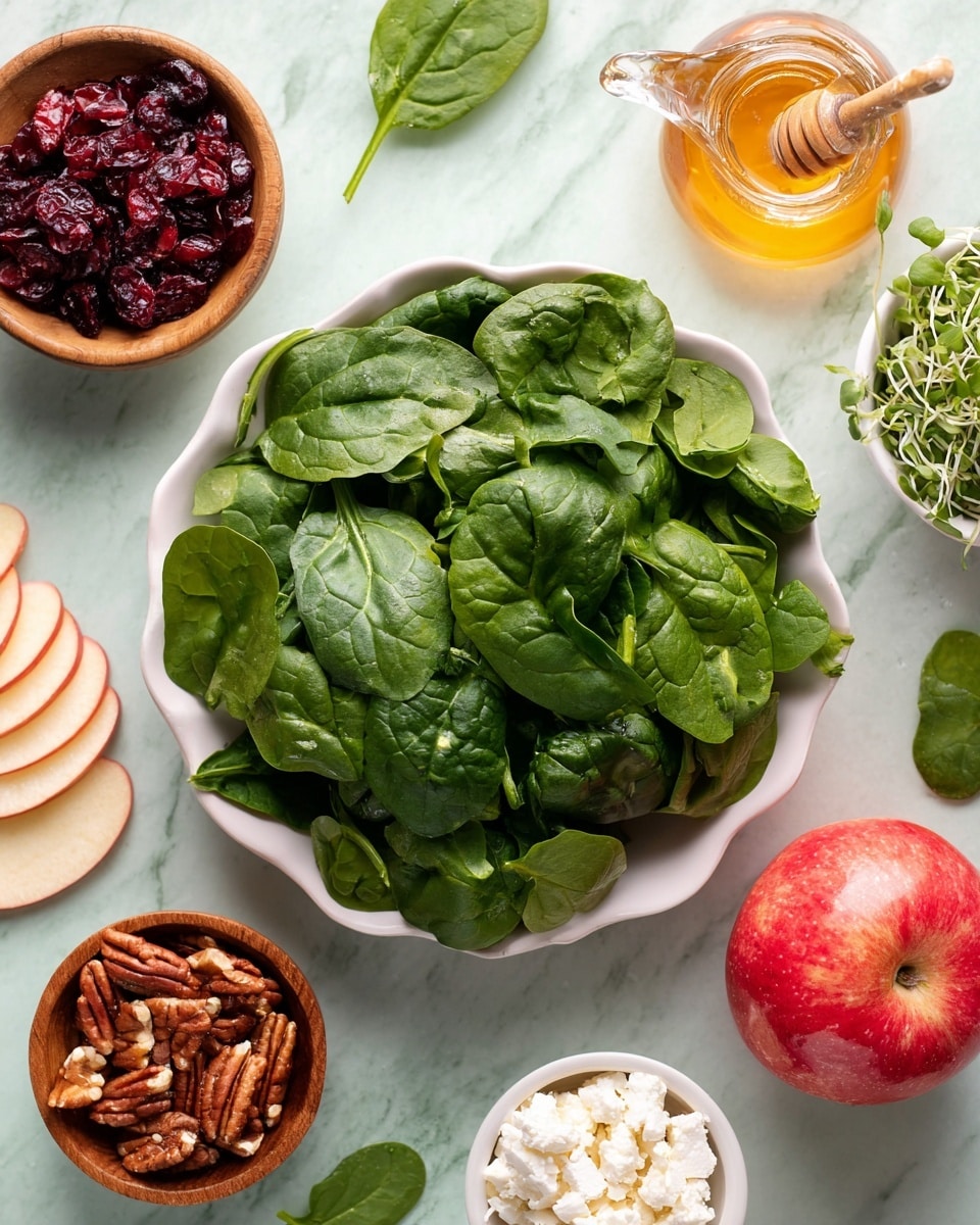 A white scalloped bowl filled with fresh dark green spinach leaves occupies the center, showing textured, slightly curled leaves. Surrounding it, from top left going clockwise, are a small wooden bowl full of deep red dried cranberries, a glass container of golden honey with a spout, a white scalloped bowl with light brown pecan pieces, a red apple with a smooth, shiny surface, a small white bowl filled with delicate green microgreens, and a small wooden bowl containing soft white crumbled cheese. The background is a smooth white marbled surface scattered with a few spinach leaves and thin apple slices on the left edge. Photo taken with an iphone --ar 4:5 --v 7