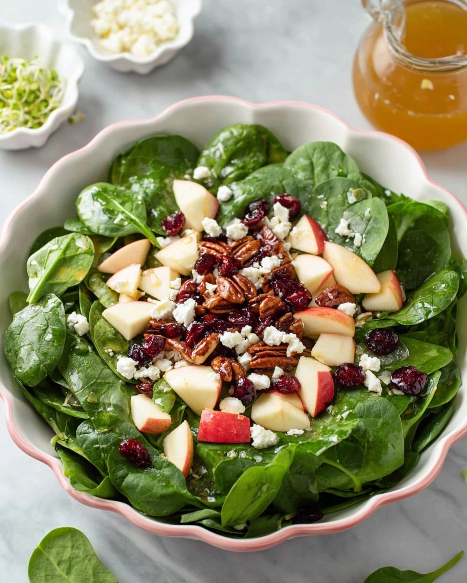 A white scalloped bowl filled with a fresh salad sitting on a white marbled surface. The salad has three main layers: the bottom layer is bright green spinach leaves with a shiny, slightly wet texture; the middle layer has small triangular pieces of apple with red skin and white flesh; the top layer is made with scattered white crumbles of cheese, dark red dried cranberries, and brown pecan halves, all mixed evenly. There is a glass jar with a golden-brown dressing near the top edge and some green sprouts and extra cheese on small white dishes around the bowl. Photo taken with an iphone --ar 4:5 --v 7