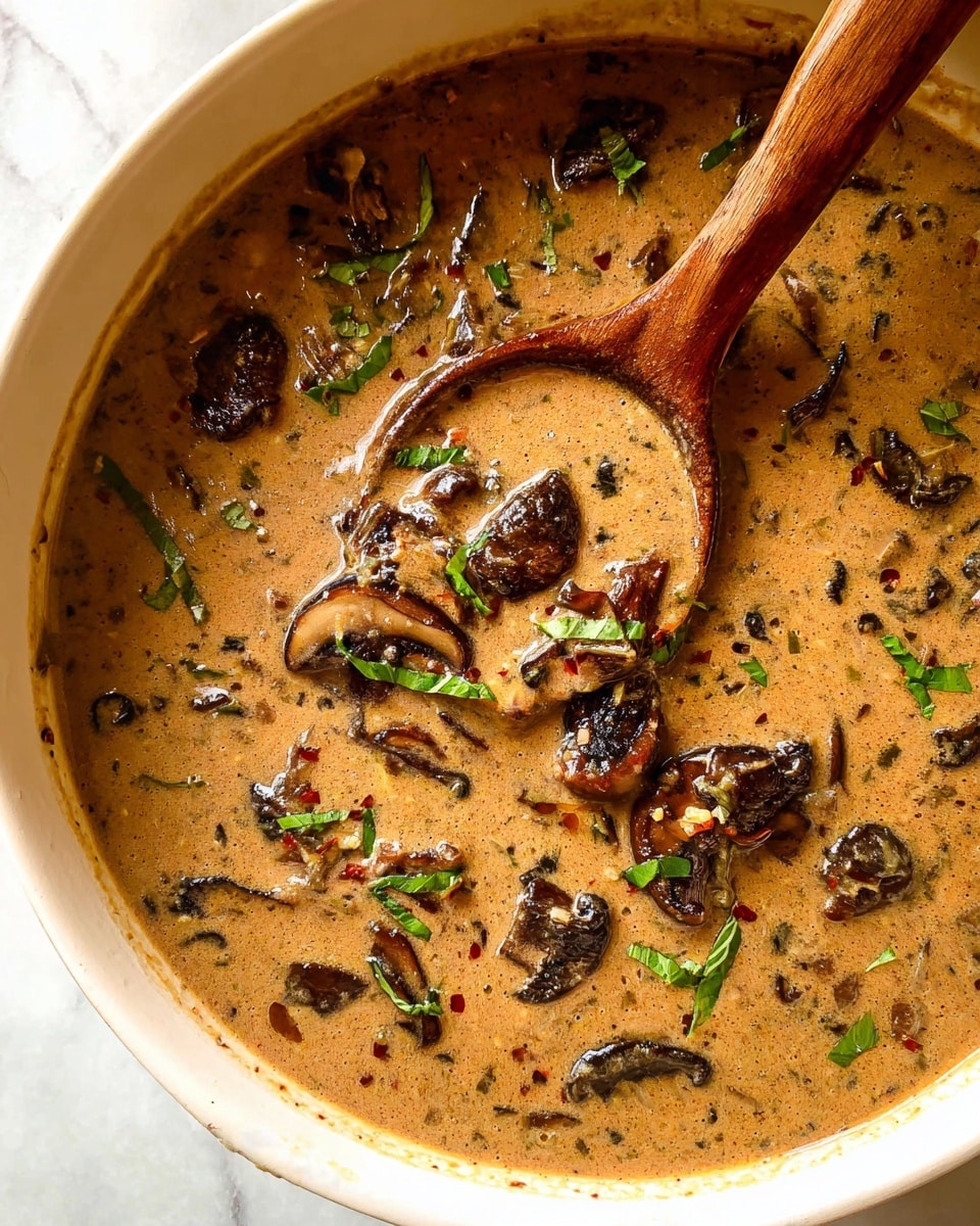 A creamy mushroom soup is shown in a white bowl with a wooden spoon resting inside. The soup has a thick, smooth texture with a light brown color, filled with dark brown cooked mushroom slices and small pieces of vegetables. The soup is garnished with fresh green herb leaves scattered on top. The white bowl contrasts with the soup's rich tones, and the background has a white marbled texture. Photo taken with an iphone --ar 4:5 --v 7