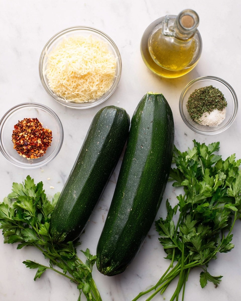 The image shows fresh ingredients laid out on a white marbled surface, focusing on two large, dark green zucchinis placed side by side in the center. To the left, there are two small clear glass bowls, one filled with finely grated pale yellow cheese and the other with red chili flakes. On the right side, there is a bunch of bright green parsley with long stems next to a small glass bowl containing a mix of dried herbs, garlic powder, salt, and pepper. Above the parsley, a clear glass bottle filled with light golden olive oil is visible. The scene is well-lit and clean, emphasizing the fresh and simple ingredients. Photo taken with an iphone --ar 4:5 --v 7