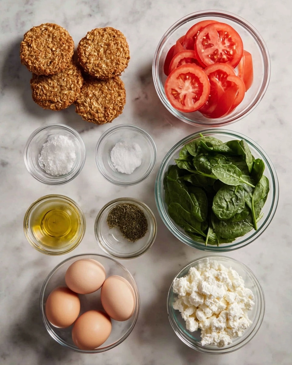 The image shows seven clear glass bowls and three brown oat muffins arranged on a white marbled surface. Starting from the top left, there are three round oat muffins with a textured, golden-brown crust. To their right is a bowl filled with thin, round, bright red tomato slices layered evenly. Next to it is a bowl full of fresh, dark green spinach leaves with a slightly crinkled texture. Below the muffins, there are three small glass bowls with translucent white salt, golden olive oil, and green dried herbs respectively. Moving right, a bowl holds four smooth, light brown eggs, and at the bottom right, another bowl is full of soft, white cottage cheese with a lumpy texture. All items are arranged neatly with clear separation between them. Photo taken with an iphone --ar 4:5 --v 7