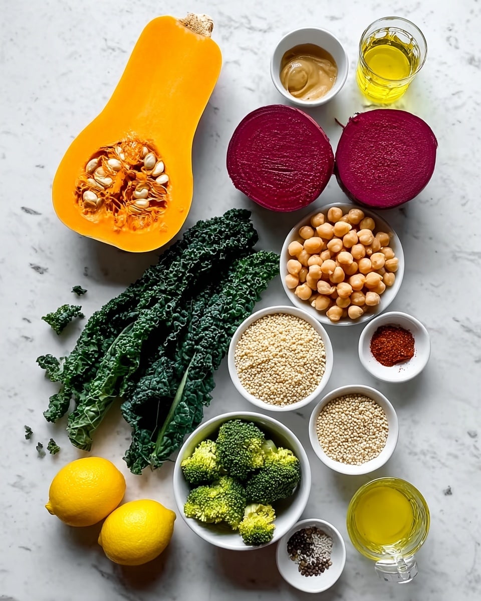 The image shows an arrangement of fresh ingredients on a white marbled surface. In the top left, there is a halved bright orange butternut squash with seeds visible inside. Next to it, two vibrant red beet halves with textured interiors are placed side by side. Below the squash and beets are long dark green kale leaves with rough textures. Two yellow halves of lemon are positioned near the center. Surrounding these larger items are several small white bowls: one with green broccoli florets, one filled with round chickpeas, and another with fluffy light beige cooked quinoa. There are also small white dishes containing a few different seasonings and pastes, including a reddish-brown paste, a beige creamy sauce, and small piles of spices in black, white, and reddish colors. A small clear glass with a yellow liquid sits near the top right. The whole scene is neatly organized with clear textures and colors. Photo taken with an iphone --ar 4:5 --v 7