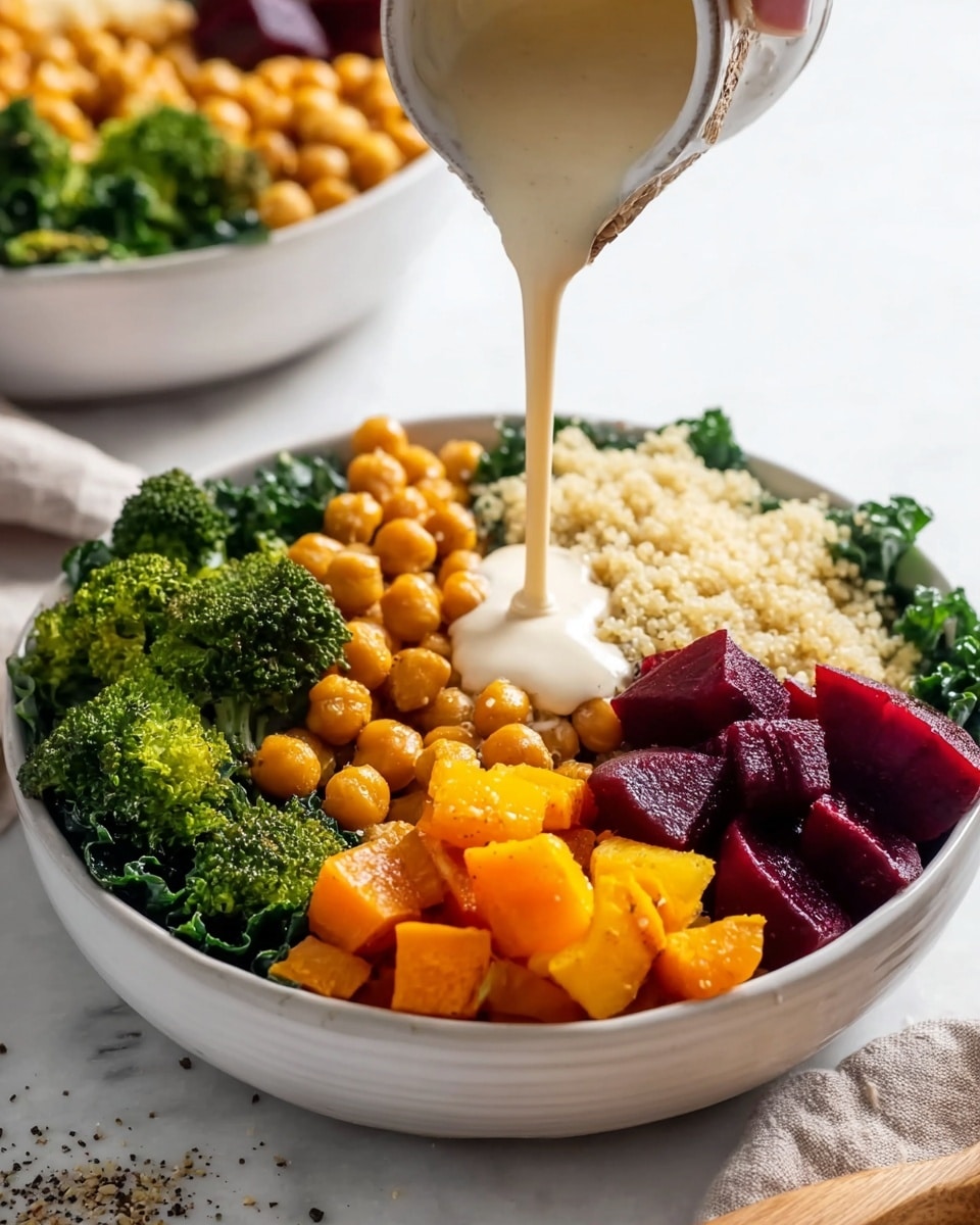 A white bowl filled with five layers arranged side by side: bright green steamed broccoli with a slight texture on the far left, golden roasted chickpeas next to it with a lightly roasted finish, fluffy pale quinoa in the center, vibrant orange roasted squash cubes to the right, and deep red roasted beet cubes on the far right. The base layer of dark green leafy kale is visible under the ingredients at the edges of the bowl. A creamy white sauce is being poured from above, creating a smooth stream over the quinoa. The bowl sits on a white marbled surface with some pepper sprinkled around, and a woman's hand is holding the sauce container. In the background, another similar bowl is slightly out of focus. photo taken with an iphone --ar 4:5 --v 7