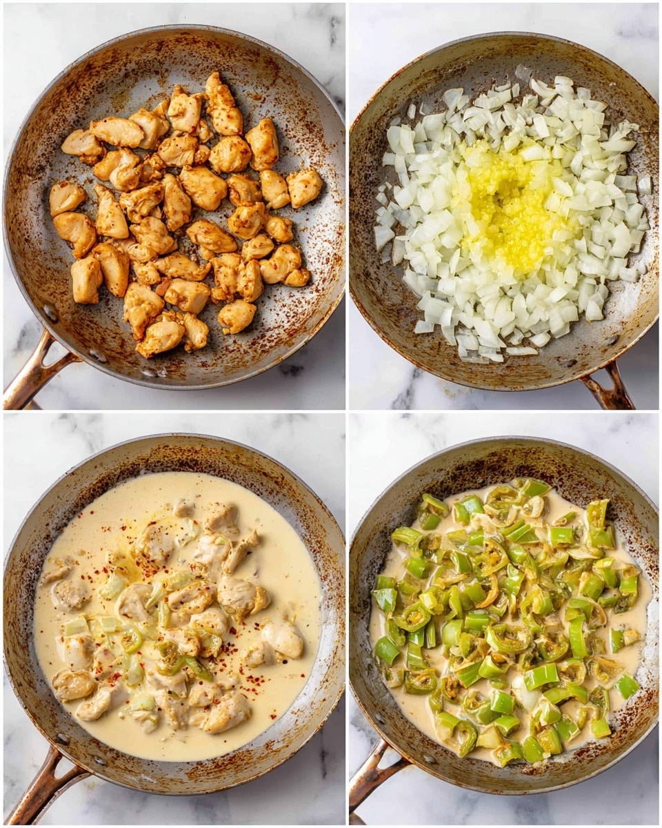 A collage of four images shows different cooking steps inside a worn, silver frying pan with a bronze handle on a white marbled surface. The first image displays an even layer of small, golden-brown cooked chicken pieces scattered inside the pan. The second image shows a layer of finely chopped white onions with a dollop of yellow minced garlic in the center on the pan’s surface. The third image has a creamy light beige sauce filling the pan with many bright green pepper rings spread evenly throughout. The final image shows all the ingredients mixed together, with the golden chicken pieces and green peppers visible in the creamy sauce, creating a textured, hearty dish. photo taken with an iphone --ar 4:5 --v 7