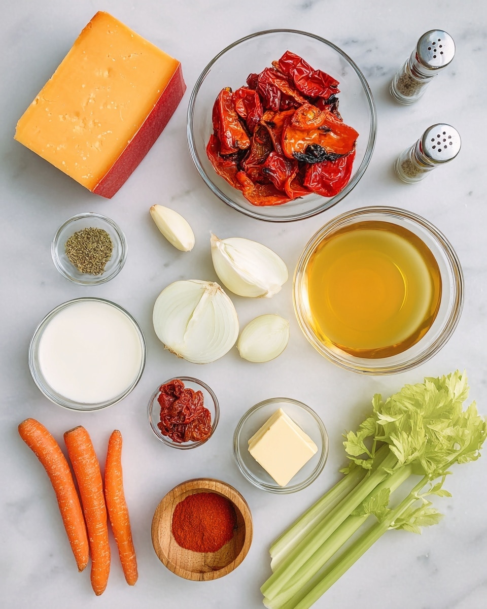 The image shows many ingredients laid out on a white marbled surface. There is a large wedge of orange cheese with a red rind at the top left. Below this is a clear glass bowl filled with roasted red peppers that are slightly wrinkled and have black char marks. To the right of the peppers is a small glass bowl of white cream and a larger glass bowl of golden broth. There are three cloves of peeled garlic placed between these bowls and two halves of a white onion below the broth. At the bottom left, three whole orange carrots lie next to a small clear dish with sun-dried tomatoes. Toward the center is a tiny dish with a cube of butter and a very small bowl of olive oil. On the right side, there is a small wooden bowl filled with three spices—red powder, white salt, and green herbs. Two fresh celery stalks with leafy green tops are at the bottom right. A salt and pepper shaker set is at the bottom left. Everything is arranged neatly and photographed from above. Photo taken with an iphone --ar 4:5 --v 7