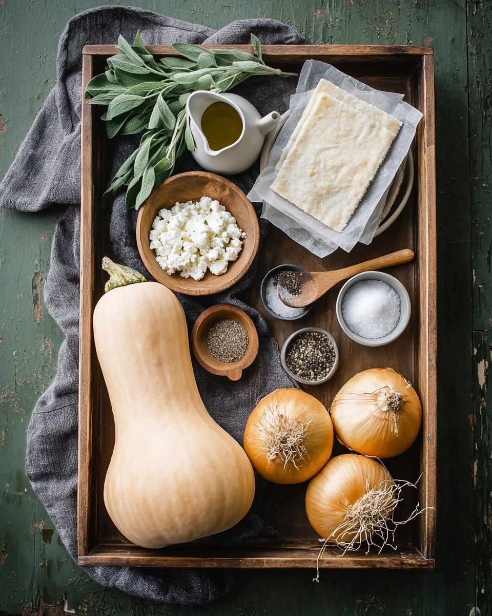 A wooden tray holds several ingredients arranged neatly on a dark gray cloth; in the bottom left corner is a large butternut squash with a smooth pale orange skin, above it is a small bunch of fresh green sage leaves with soft texture. On the tray’s right side, there are two large yellow onions with dry, papery skin and roots still attached, and next to them a stack of off-white folded pastry sheets. Scattered in the middle are small round bowls: one wooden bowl filled with white crumbled cheese, a wooden bowl of granulated white sugar with a small wooden spoon, a gray ceramic bowl of ground black pepper, and a gray ceramic bowl holding white salt and some crushed black peppercorns. Two small white ceramic jugs, one with olive oil, complete the setup. The tray is placed on a rustic green wooden surface. photo taken with an iphone --ar 4:5 --v 7