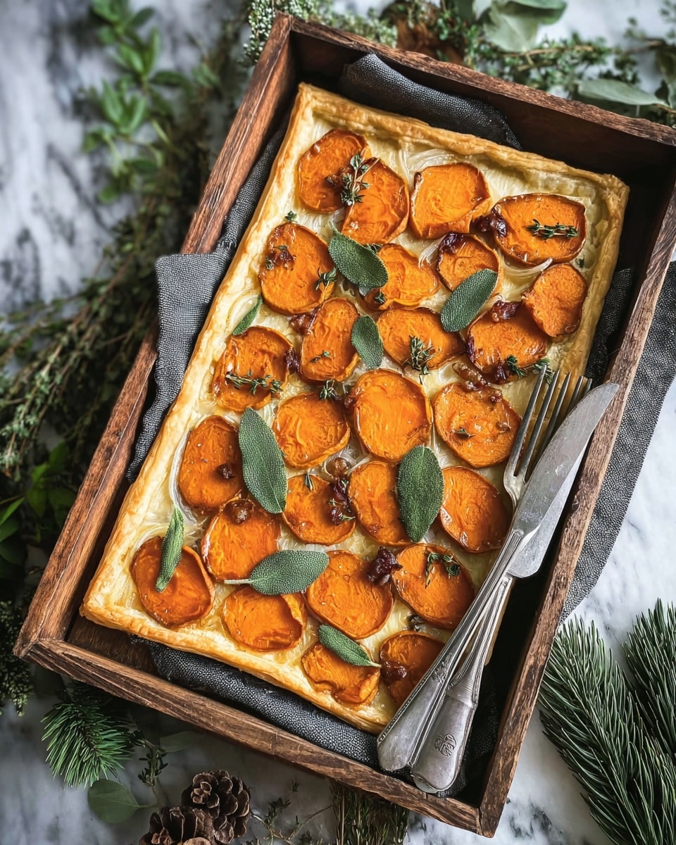 A rectangular white puff pastry tart with a light golden crust forms the base, topped with thin caramelized onions creating a soft, translucent layer. On top of the onions, bright orange roasted pumpkin slices are scattered evenly, some showing slightly browned edges for texture. Fresh, vibrant green sage leaves are placed on the pumpkin, adding color contrast and freshness. The tart is sitting inside a rustic wooden tray lined with a dark gray cloth, with a silver fork and knife placed on the side. Green pine branches and herbs decorate around the tray, all placed on a white marbled surface photo taken with an iphone --ar 4:5 --v 7