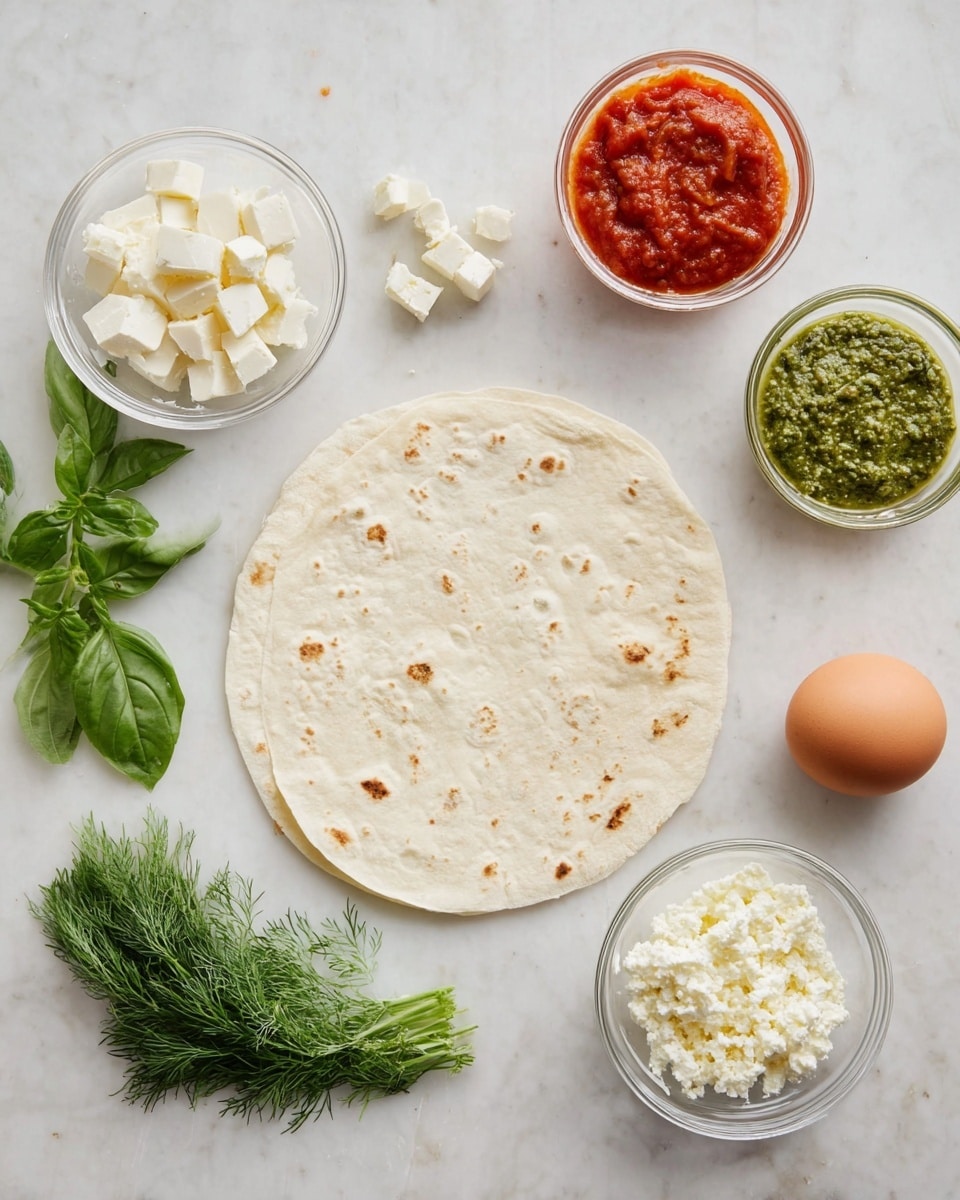 A white tortilla lies flat in the center on a white marbled surface, surrounded by fresh and colorful ingredients. To the left of the tortilla, there are fresh green basil leaves with a soft texture. Above the basil, a small clear glass bowl holds white chunks of cheese with a crumbly texture. Above the tortilla, a clear glass bowl contains bright red tomato sauce with a slightly chunky texture. To the right of the tomato sauce, another clear glass bowl holds green pesto sauce with a wet, grainy texture. Next to the pesto, a clear glass bowl holds a single brown egg with a smooth shell. Below the egg, a sprig of fresh green dill with delicate leaves sits on the white marbled surface. Below the tortilla and to the right, a clear glass bowl contains more white crumbly cheese. The whole layout is neat and well spaced, all on a clean white marbled surface, photo taken with an iphone --ar 4:5 --v 7