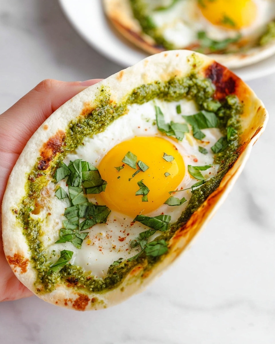 The dish shows a white flatbread taco held by a woman's hand, filled with a cooked egg that has a bright yellow yolk in the center and white edges that are slightly browned and crispy. Around the egg, there is a layer of green pesto sauce with a thick, textured look, sprinkled with fresh chopped green basil leaves. The flatbread edges are golden brown, suggesting a light crisp. In the blurred background, another similar taco sits on a white plate on a white marbled surface. photo taken with an iphone --ar 4:5 --v 7