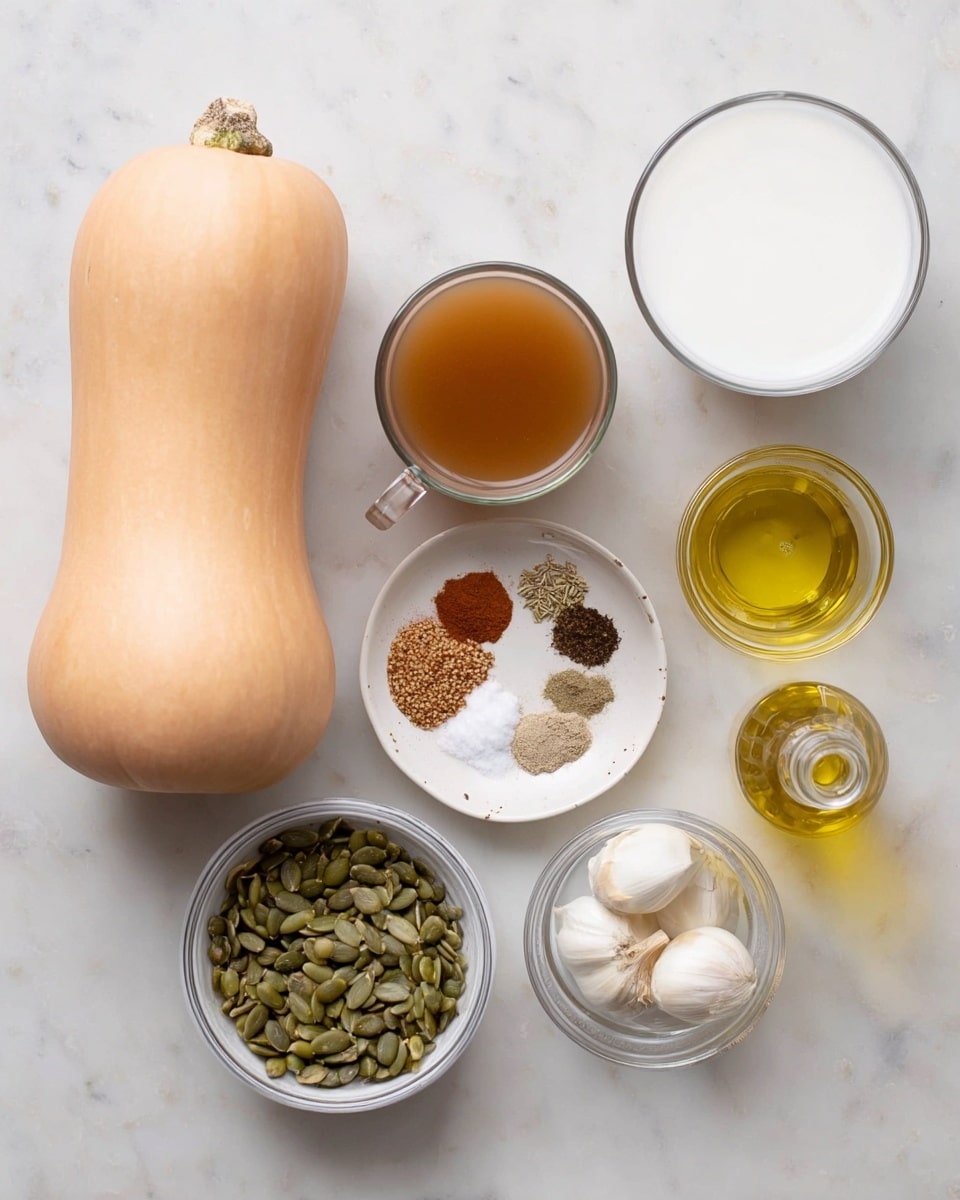 A group of ingredients for cooking are shown on a white marbled surface. On the left side, there is a whole butternut squash with a smooth light orange skin. Next to it, a round brown onion with a shiny dry outer layer sits above a clear glass cup filled with brown broth. Near the center, a small white round dish holds spices including light tan, reddish-brown, black, and white powders. Below it, a white round bowl contains green pumpkin seeds. To the right of the broth, a small glass bottle with light yellow oil is placed next to a small clear bowl holding two peeled white garlic cloves. Above the oil, there is a glass bowl filled with white coconut milk. The overall scene is clean and well-lit, with each ingredient separated clearly. Photo taken with an iphone --ar 4:5 --v 7