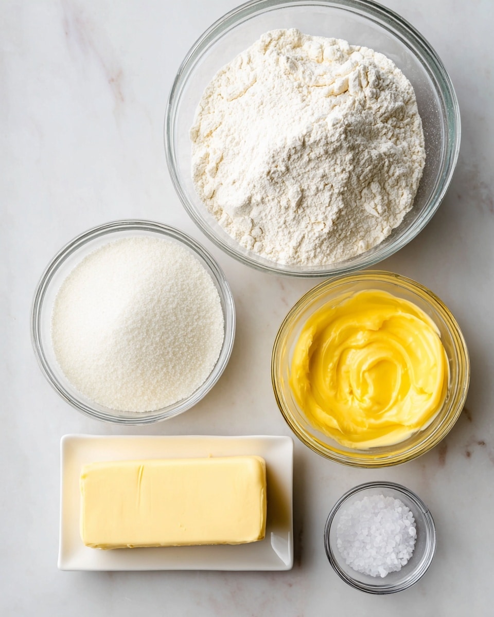 A top view image shows five separate containers of baking ingredients arranged on a white marbled surface. At the top center, there is a large clear glass bowl filled with white flour, its texture soft and powdery with some small clumps. To the right of the flour is a smaller clear glass bowl holding a bright yellow creamy substance that looks smooth and thick. Below the flour and to the left is a white bowl filled with white granulated sugar with a fine, grainy texture. Directly below the yellow cream, there is a small rectangular plate holding a pale yellow block of butter, smooth and solid with slight marks on its surface. At the bottom center, a tiny clear glass bowl contains white salt crystals with a slightly coarse texture. The photo taken with an iphone --ar 4:5 --v 7