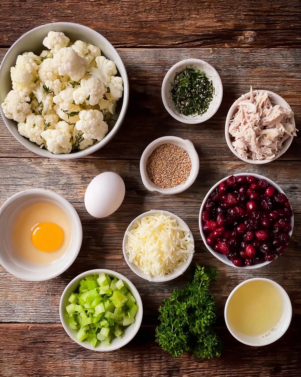The image shows several white bowls and dishes arranged on a rustic wooden surface. There is one large white bowl full of cauliflower florets at the top left. Next to it on the right, there is a small dish with green dried herbs, followed by a bowl of shredded cooked chicken. To the right of that is a small dish with petite light brown seeds. Further right is a bowl of dark red cranberries mixed with chopped pieces, next to a bowl filled with whole fresh cranberries. At the bottom left, a white bowl has a raw egg cracked inside, next to a whole raw egg. Moving right, there is a small bowl of chopped green celery, then a bowl of shredded white cheese. To the right bottom, there is a small bowl containing a yellowish light liquid. Fresh green parsley is also placed at the bottom right corner. The whole setting is on natural wood wood grain with a warm tone. photo taken with an iphone --ar 4:5 --v 7