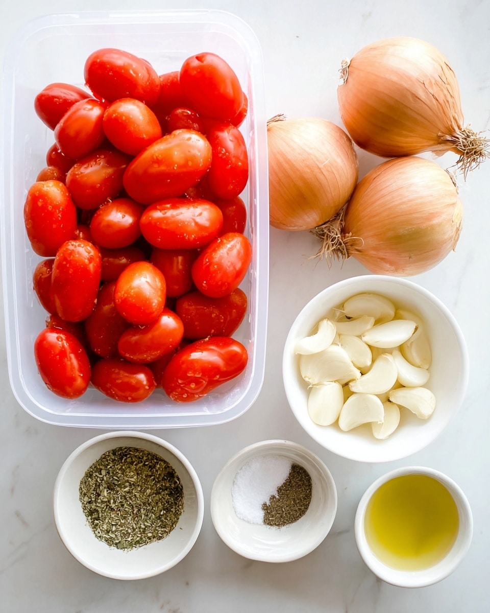 The image shows fresh ingredients arranged on a white marbled surface. On the left, a clear plastic container is filled with many bright red Roma tomatoes that have a shiny and smooth texture. To the top right of the container, there are three whole yellow onions with dry skin and roots still attached. Below the onions, a small white bowl holds peeled garlic cloves that are creamy white and smooth. Next to it, another white bowl contains salt on one side and ground black pepper on the other, creating a clear division. Below that, a tiny white bowl is filled with dried green herbs, finely chopped. Finally, at the bottom right, a small white bowl carries a pale yellow liquid, likely oil or vinegar. The items are neatly arranged and the lighting is bright and natural. Photo taken with an iphone --ar 4:5 --v 7