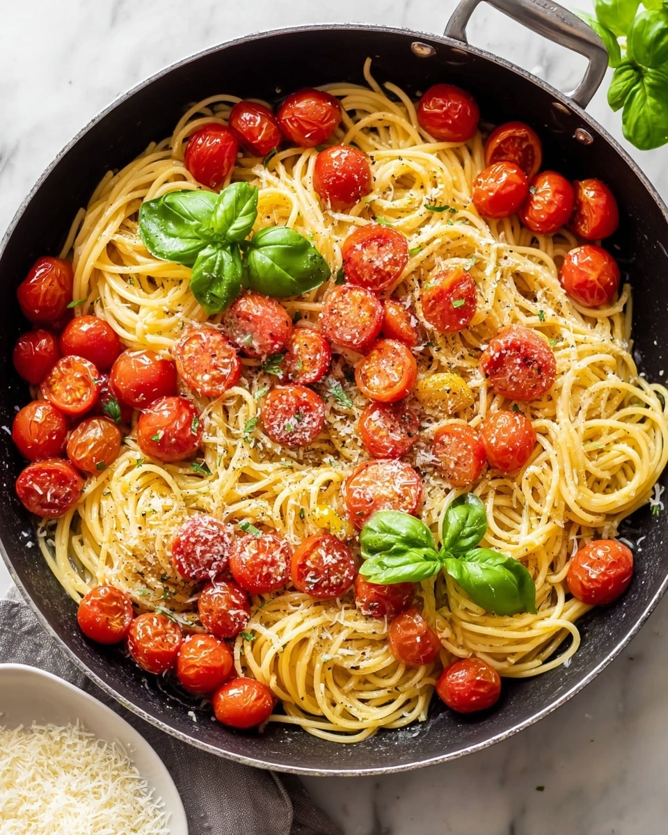 The image shows a pan filled with spaghetti and cherry tomatoes. The spaghetti is light yellow and coiled into loose nests scattered evenly on top of and between the bright red cherry tomatoes. The tomatoes have a shiny, smooth texture, and some are slightly blistered. Fresh green basil leaves are placed on top in three spots, adding a pop of color. The dish is sprinkled with grated cheese and ground black pepper, giving a speckled white and black look across the pasta and tomatoes. The pan sits on a white marbled surface with a small white bowl of grated cheese visible nearby. photo taken with an iphone --ar 4:5 --v 7