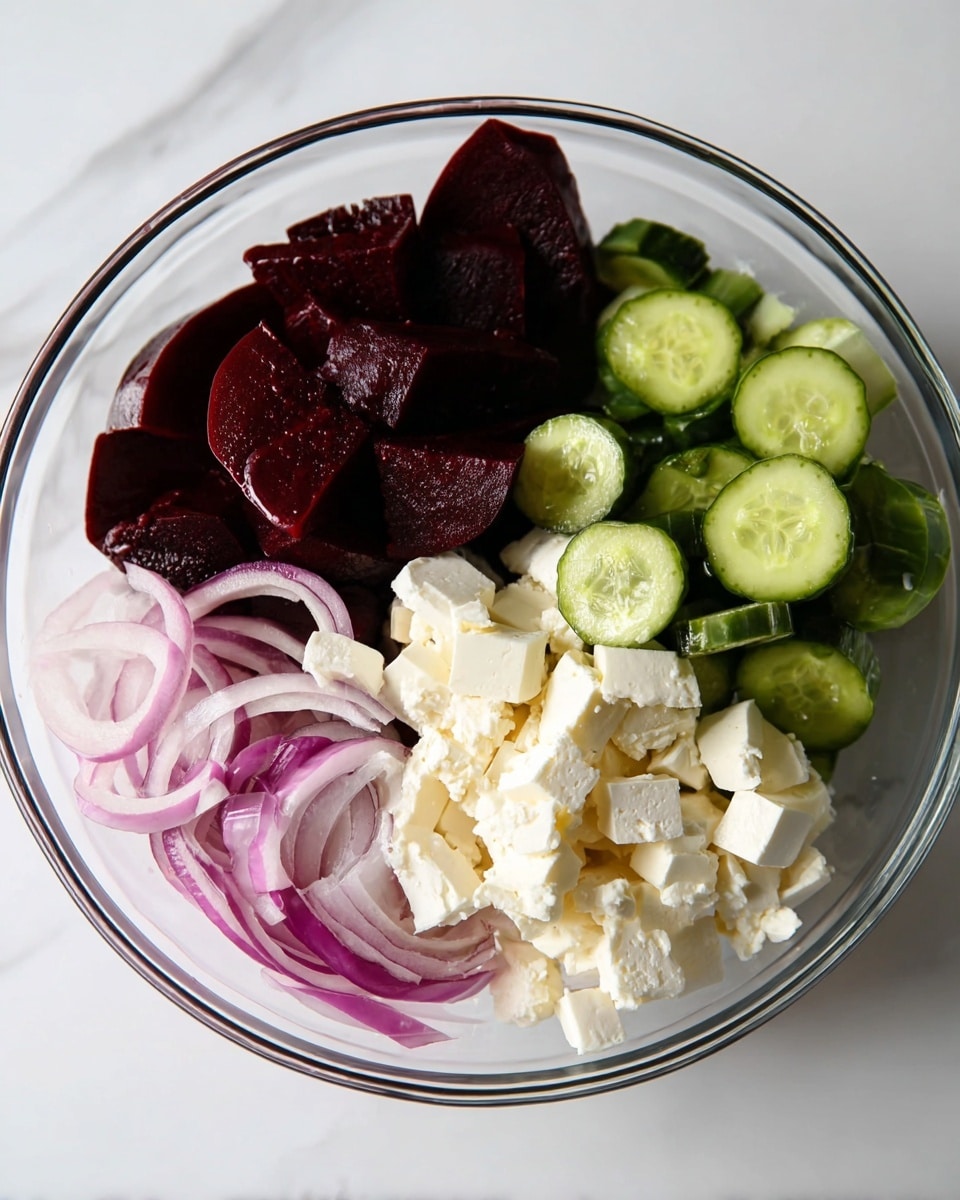 A clear white bowl on a white marbled surface holds four distinct layers of ingredients. On the top left, there are dark red beet slices that look juicy and smooth. To the right of the beets, there are bright green, round cucumber slices with a fresh texture. Below the cucumber and in the center sits a pile of small white cheese cubes with a slightly crumbly texture. At the bottom left under the cheese, there are thin slices of purple and white red onion with a translucent, shiny look. Photo taken with an iphone --ar 4:5 --v 7
