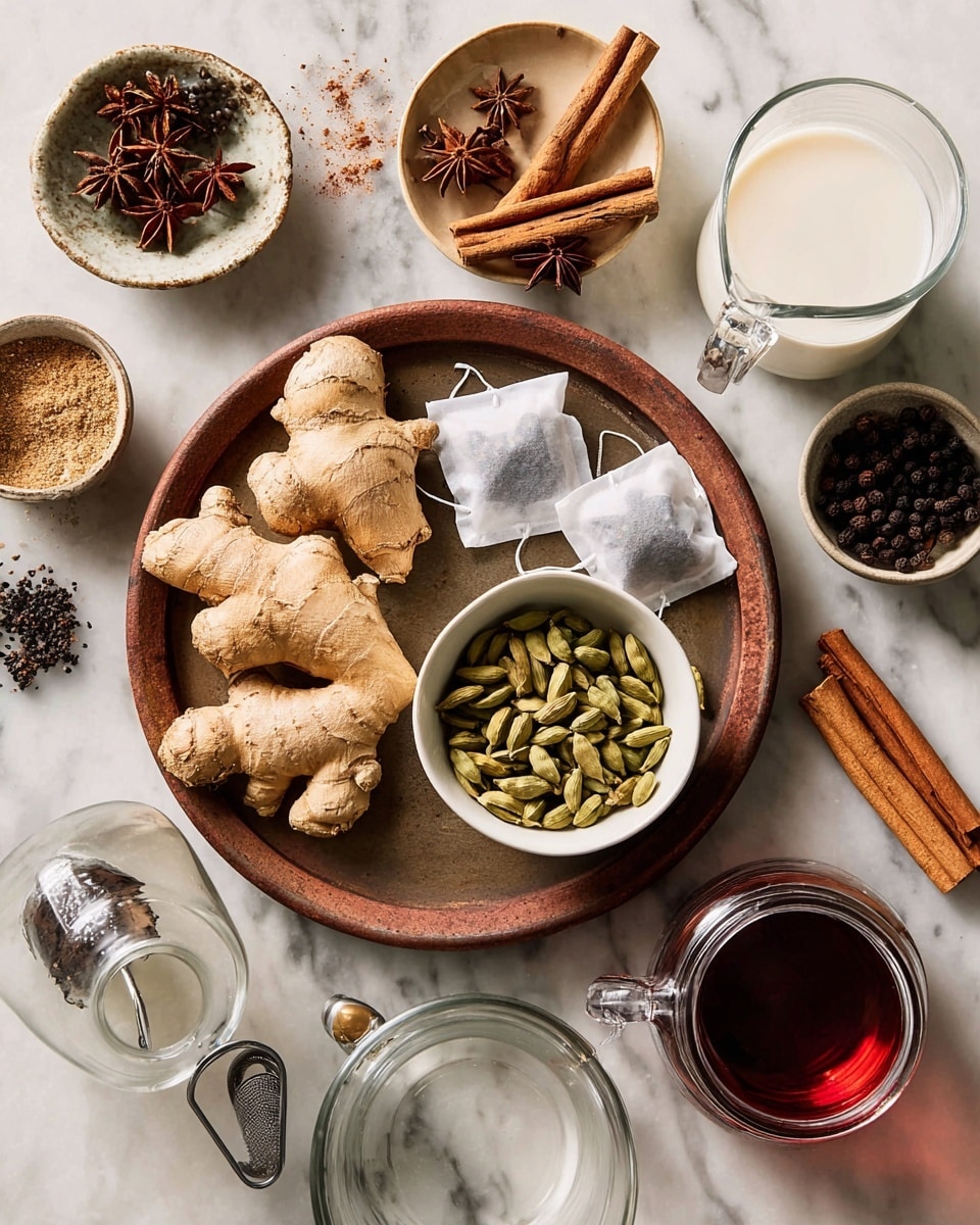 A top-down view of various chai tea ingredients arranged on a white marbled surface, centered around a round rustic brown plate. On this plate, several thick pieces of light tan ginger root sit next to two white tea bags with visible black tea inside. In a small white bowl on the same plate, green cardamom pods fill the space, some spilling out onto the plate. Surrounding the plate are small white dishes: one with star anise and another with a pile of cinnamon sticks on a tan dish. Below, a clear glass cup with a handle is empty, near a small ceramic bowl with black peppercorns and a smaller bowl of cloves inside. A glass jug of white milk and a small glass jar filled with dark amber liquid are also present. A metal tea strainer with a wooden handle rests near the bottom edge. photo taken with an iphone --ar 4:5 --v 7