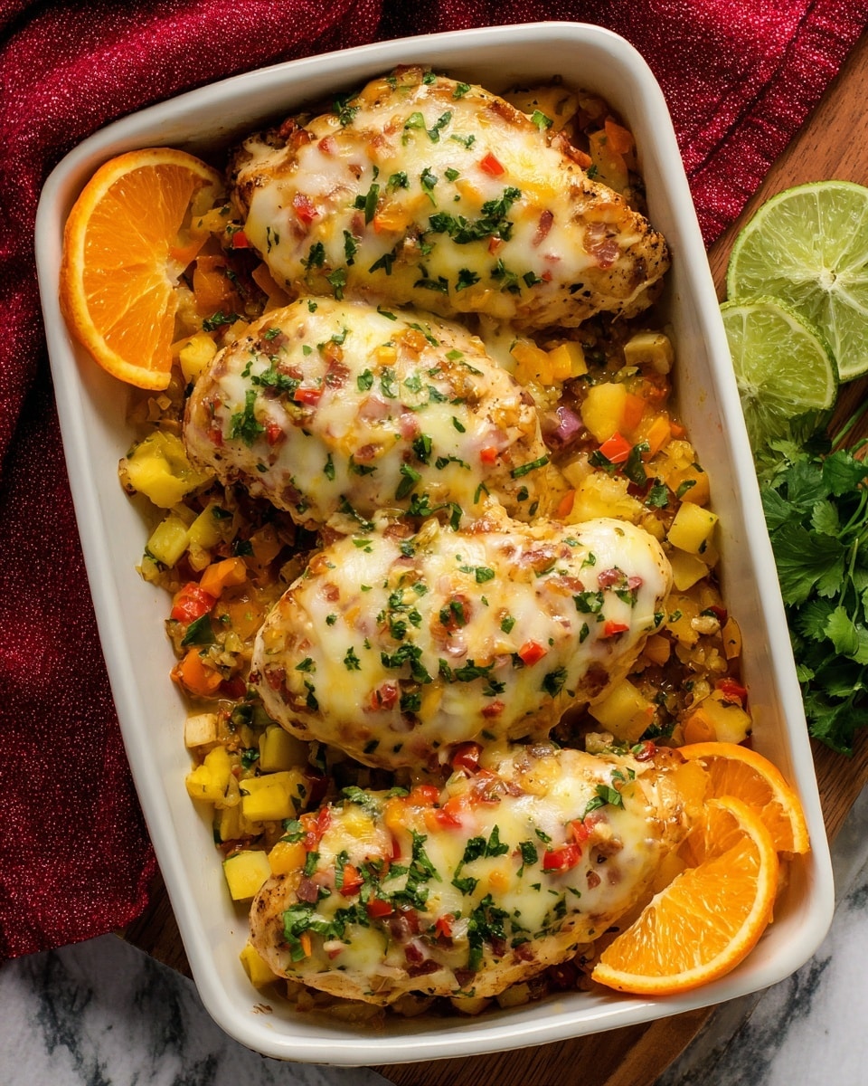 The image shows a white rectangular dish filled with three pieces of baked chicken covered with melted cheese that has bits of red and yellow peppers melted inside. The chicken pieces lie on a bed of small diced yellow, orange, and green vegetables. Each piece of chicken is sprinkled with chopped green herbs. On one side of the dish, there are two orange slices, and on the opposite side, there are two lime slices next to fresh green herbs. The dish is placed on a white marbled surface with a red cloth visible in the corner. Photo taken with an iphone --ar 4:5 --v 7