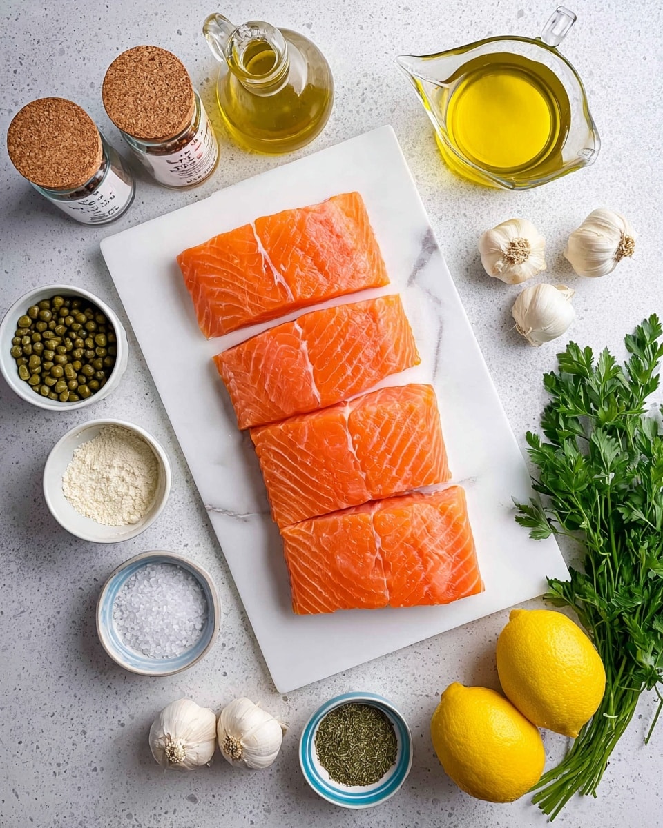 A white rectangular cutting board sits on a white marbled surface with five pieces of fresh, bright orange salmon fillets layered slightly overlapping in the center. Around the board are small white bowls filled with green capers, white flour, light beige powder, and green dried herb flakes. There are three whole garlic bulbs near the bottom left of the board. To the right, there are two whole yellow lemons, a bunch of fresh green parsley, a small glass bottle with a yellow liquid, and a clear glass measuring cup filled with golden liquid. A clear glass bottle of olive oil and two small corked glass containers with spices are arranged on the left side. The setting is well-lit and neatly organized, photo taken with an iphone --ar 4:5 --v 7