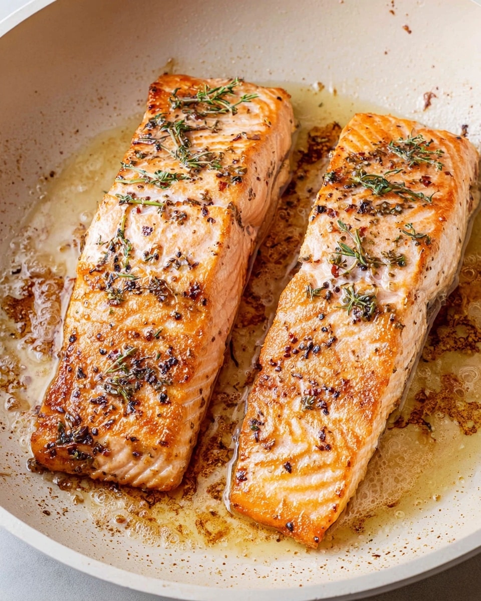 Two pieces of cooked salmon fillets lay side by side in a white pan, each with a golden brown surface speckled with small dark herbs and searing marks. The fillets have a moist, slightly shiny texture with crisp edges and visible grill lines, sitting in a light pool of cooking oil and browned bits on the white marbled bottom of the pan. photo taken with an iphone --ar 4:5 --v 7