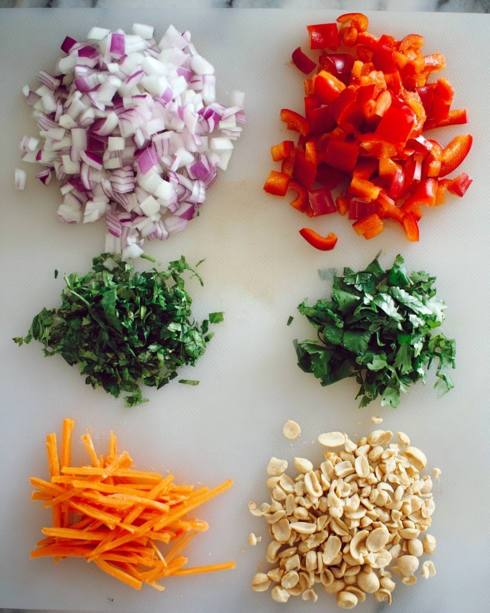 The image shows two parts with chopped vegetables and nuts on a white marbled surface. The top part has two piles: finely chopped red onion with white and purple pieces on the left and diced red bell pepper with shiny, bright red pieces on the right. The bottom part has five piles arranged in a loose row: thin orange carrot sticks on the far left, bright green chopped cilantro in the middle, dark green chopped basil on the right, light beige bean sprouts on the bottom left, and a pile of crushed light brown peanuts on the bottom right. Everything looks fresh and neatly arranged. Photo taken with an iphone --ar 4:5 --v 7