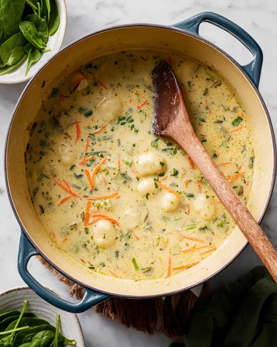 A large blue cooking pot with a pale yellow inside is filled with creamy soup that has a light orange tint. The soup contains soft, round, pale white dumplings and thin orange carrot strips mixed with finely chopped green herbs and vegetables. A wooden spoon with a smooth, light brown handle is partially submerged, stirring the soup. The pot sits on a white marbled surface with a small green cloth and fresh green spinach leaves in a white bowl nearby. Photo taken with an iphone --ar 4:5 --v 7