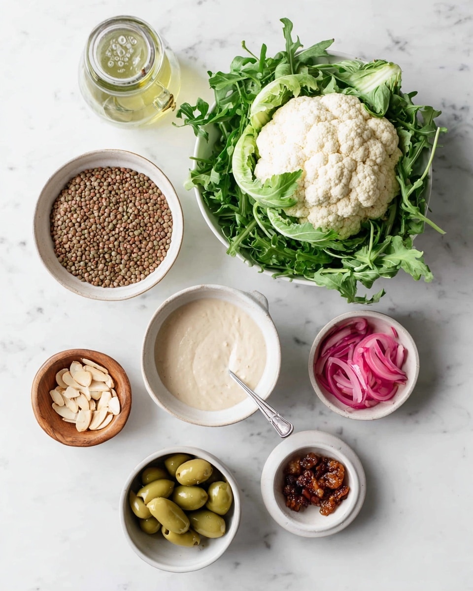 A top-down view of seven white bowls and a whole cauliflower head arranged on a white marbled surface. The largest bowl near the center holds bright green fresh arugula leaves. Above it, a whole cauliflower with green leaves is placed. To the left of the cauliflower, a medium white bowl contains brown lentils. Below the lentils, a white bowl with creamy beige tahini sauce has a silver spoon resting inside. Near the bottom left, a small wooden bowl holds light brown almond slices. Below it, a small white bowl contains green olives. To the right of the olives, another small white bowl has pink pickled onions. Below and slightly left of these, a tiny white bowl holds chopped brown dates. Photo taken with an iphone --ar 4:5 --v 7