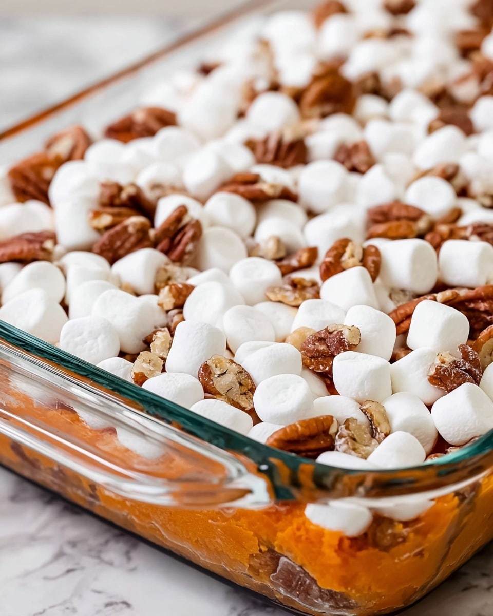A close-up view of a glass rectangular baking dish filled with three layers: the bottom layer is bright orange mashed sweet potatoes visible through the clear dish, the top layer is covered with white mini marshmallows scattered evenly, and dotted with small pieces of brown pecans. The dish is placed on a white marbled texture surface. photo taken with an iphone --ar 4:5 --v 7