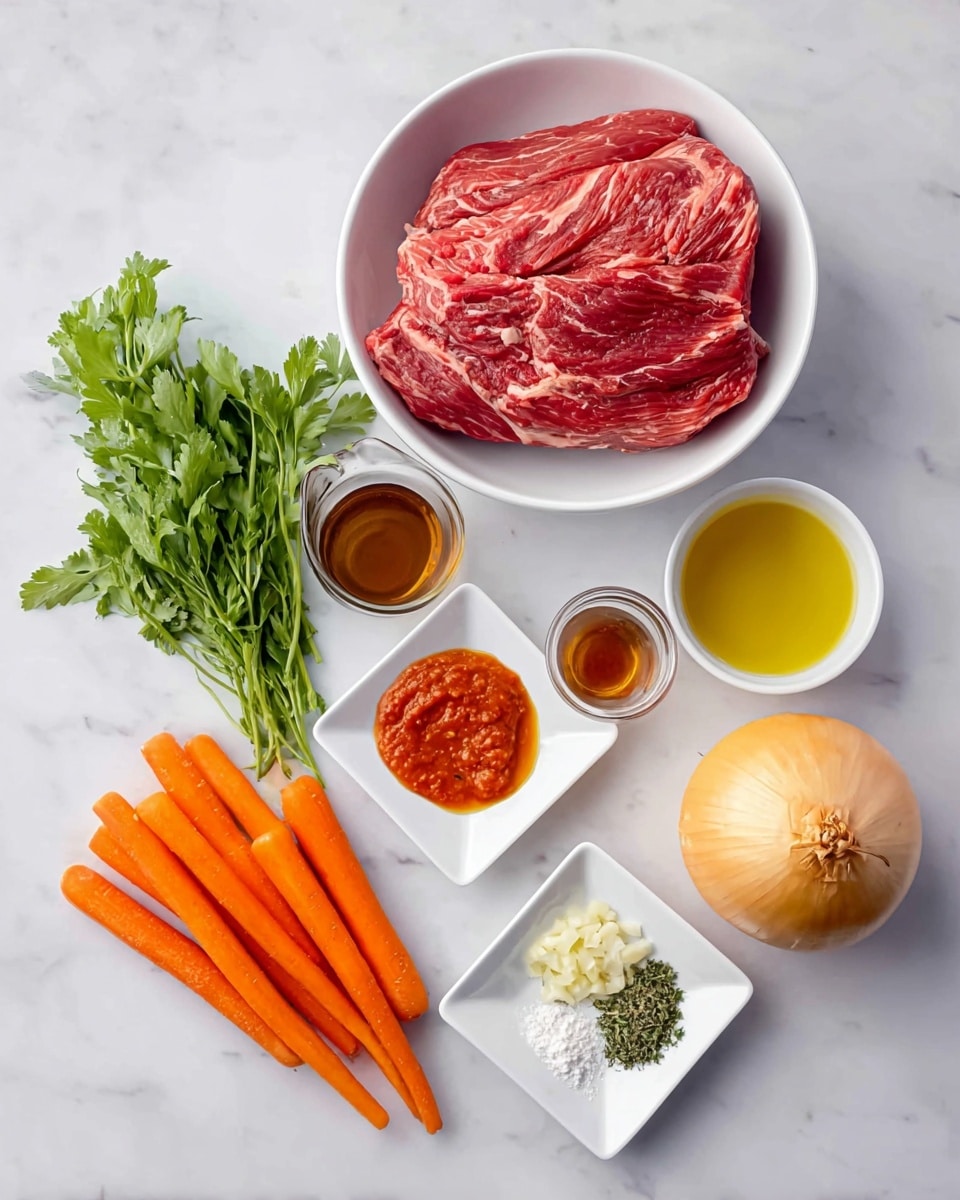 The image shows several ingredients arranged neatly on a white marbled surface. At the top center, there is a white bowl holding a thick piece of red raw meat with visible marbling of white fat. Below it, from left to right, are three small white dishes: one with brown liquid, one with a red paste in a clear glass container, and one with yellow oil. Beneath these sauces are two small white square plates, one with minced garlic and the other with a mix of white salt, black pepper, and green herbs. In the middle, bright orange baby carrots are placed in a small pile. On the left side, there is a bunch of fresh green leafy herbs, and on the right side, there is a whole yellow onion with a smooth skin. Photo taken with an iphone --ar 4:5 --v 7