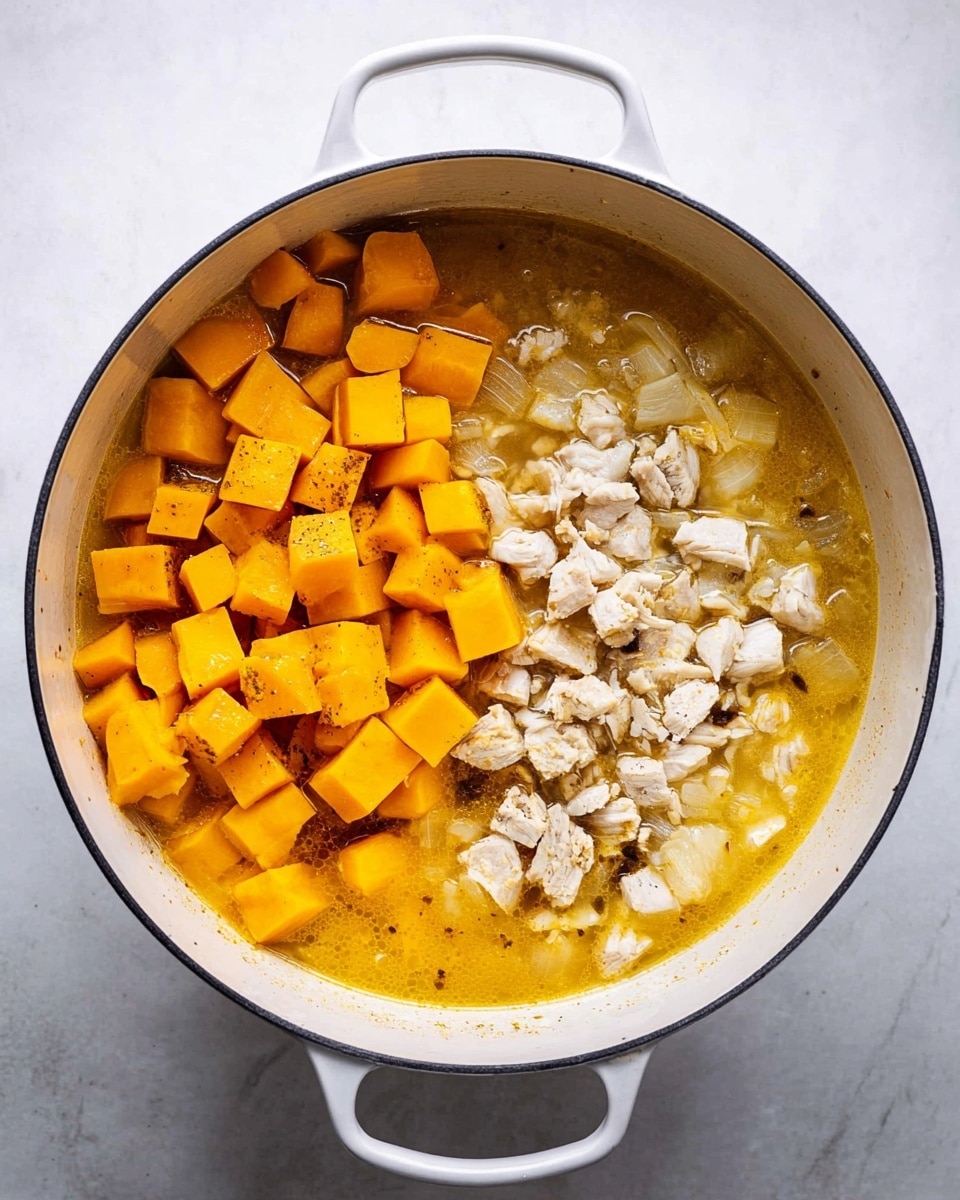 The image shows a white pot filled with three main layers of soup ingredients. The bottom layer is a yellowish broth that fills most of the pot. On top of the broth, on one side, there are cubed pieces of cooked butternut squash with a bright orange color and slightly browned edges. On the other side, there are small, chopped pieces of light colored cooked chicken. The pot is placed on a white marbled surface. Photo taken with an iphone --ar 4:5 --v 7